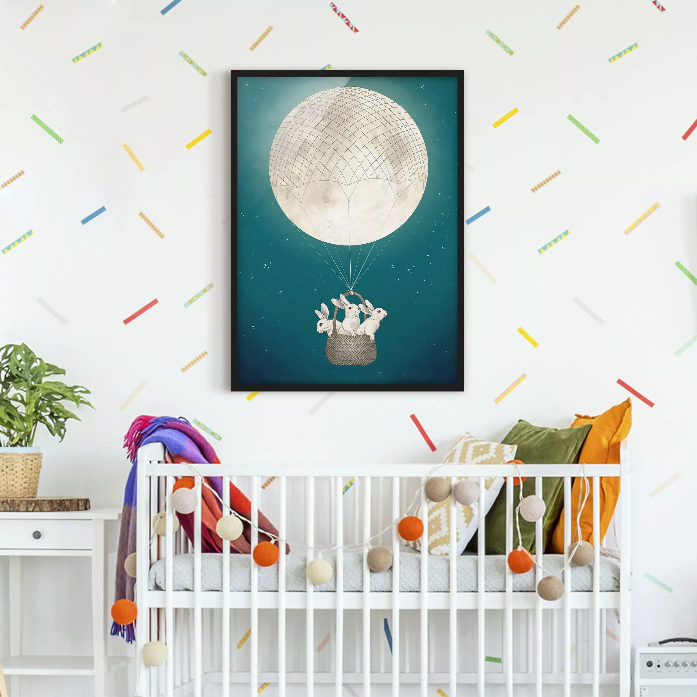 Bild mit Rahmen Tiere - Hochformat Illustration Hasen Mond-Heißluftballon S günstig online kaufen