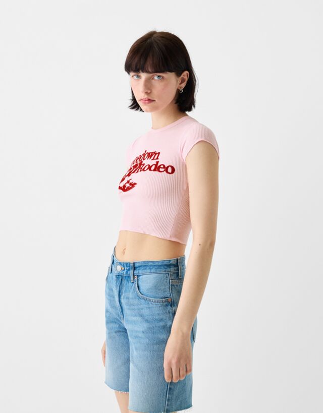 Bershka T-Shirt Aus Waffelgewebe Mit Kurzen Ärmeln Damen Xs Rosa günstig online kaufen