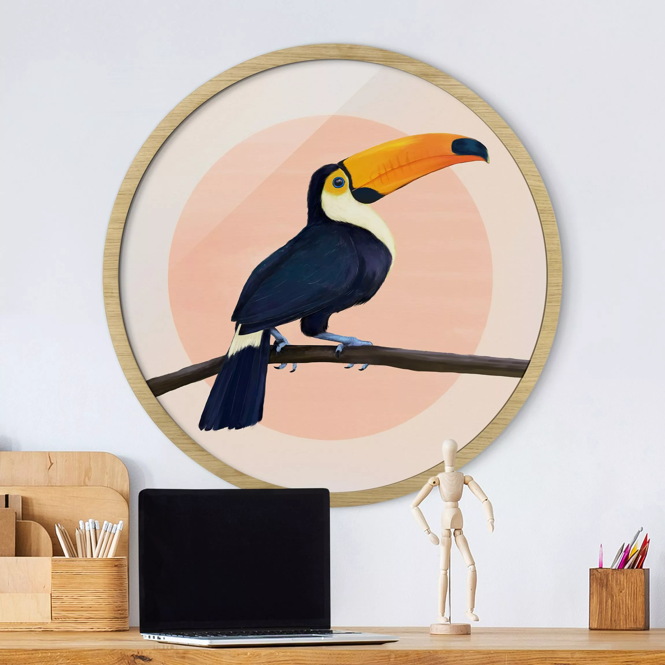 Rundes Gerahmtes Bild Illustration Vogel Tukan Malerei Pastell günstig online kaufen