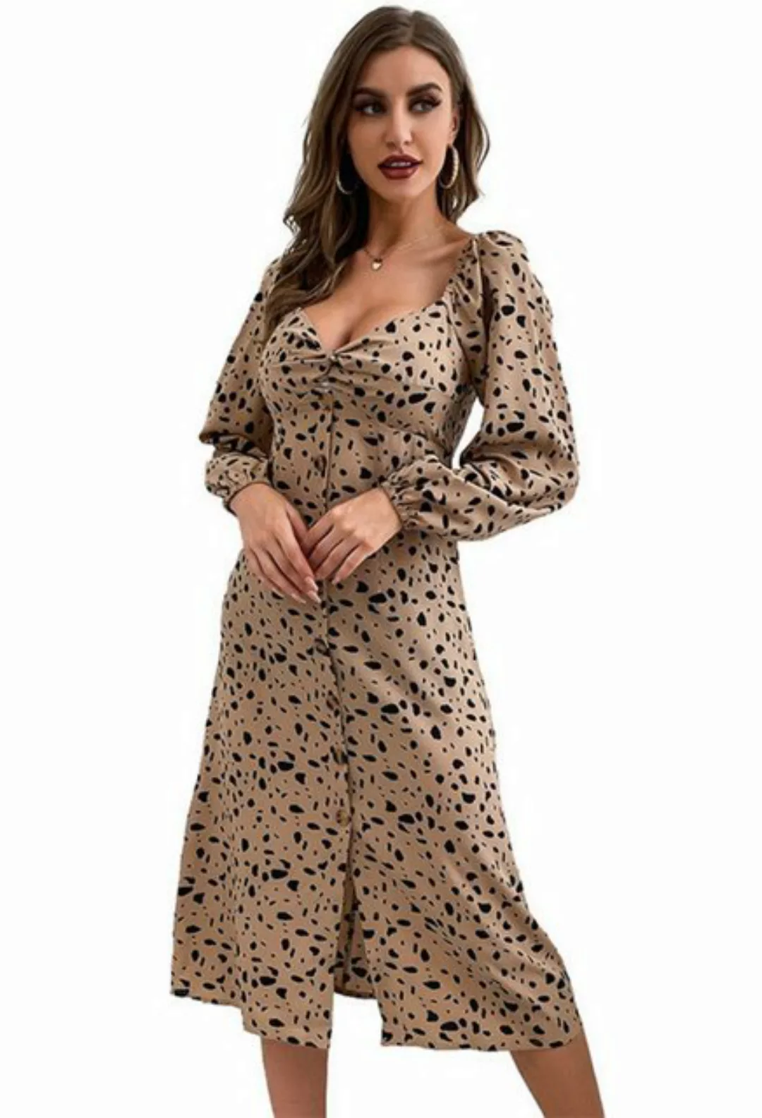 LOVGCCN Druckkleid Langärmliges Kleid mit Leopardenmuster und Schlitz (Klei günstig online kaufen