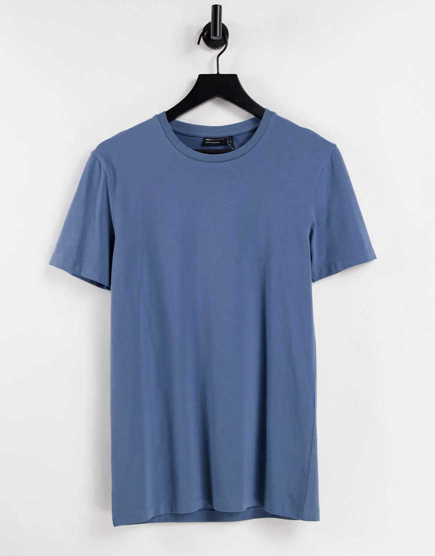 ASOS DESIGN – Muskelshirt aus Bio-Baumwollmix in verwaschenem Blau mit Rund günstig online kaufen