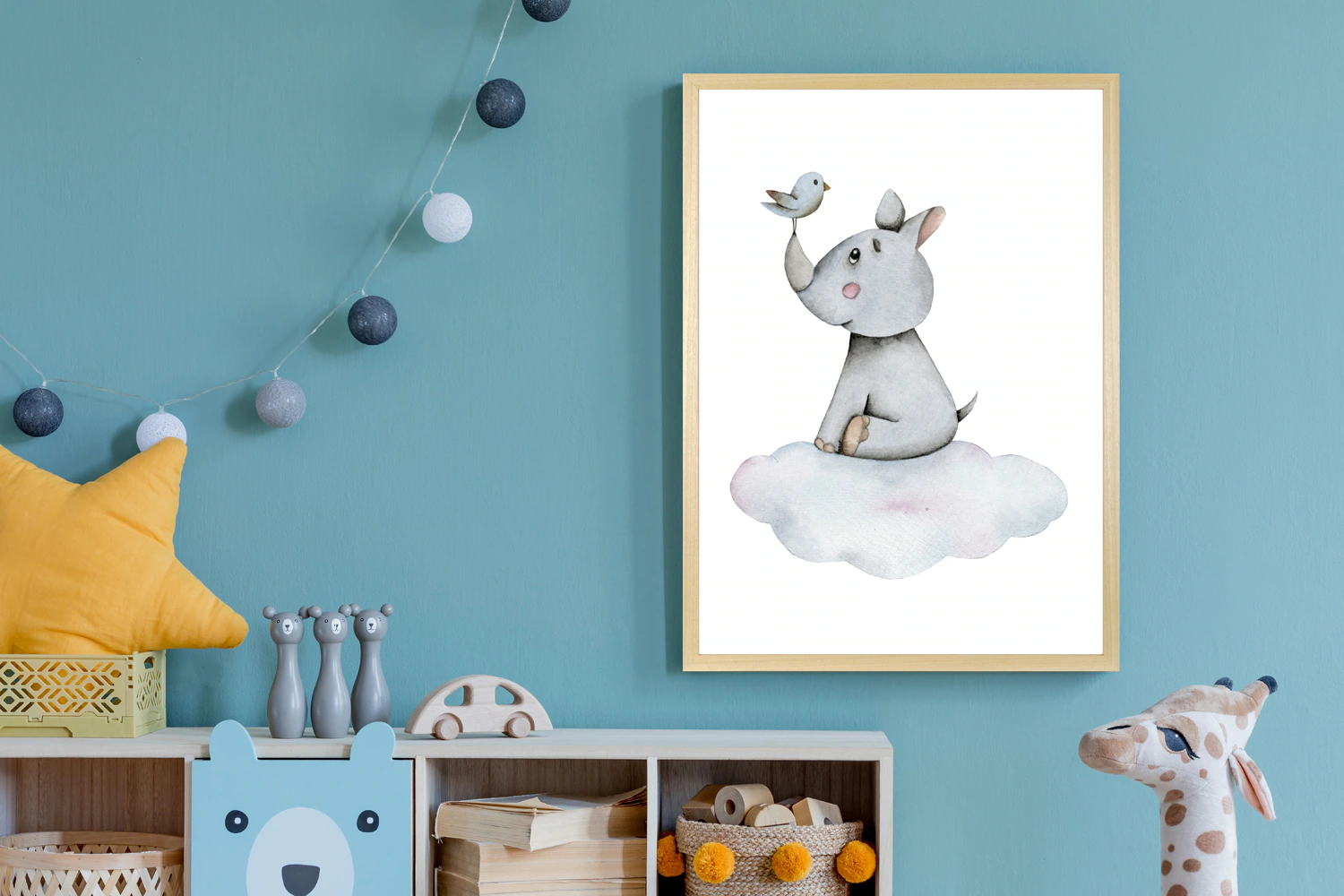 queence Bild mit Rahmen "Nashorn mit Vogel auf Wolke", Fantasy-Himmel-Himme günstig online kaufen