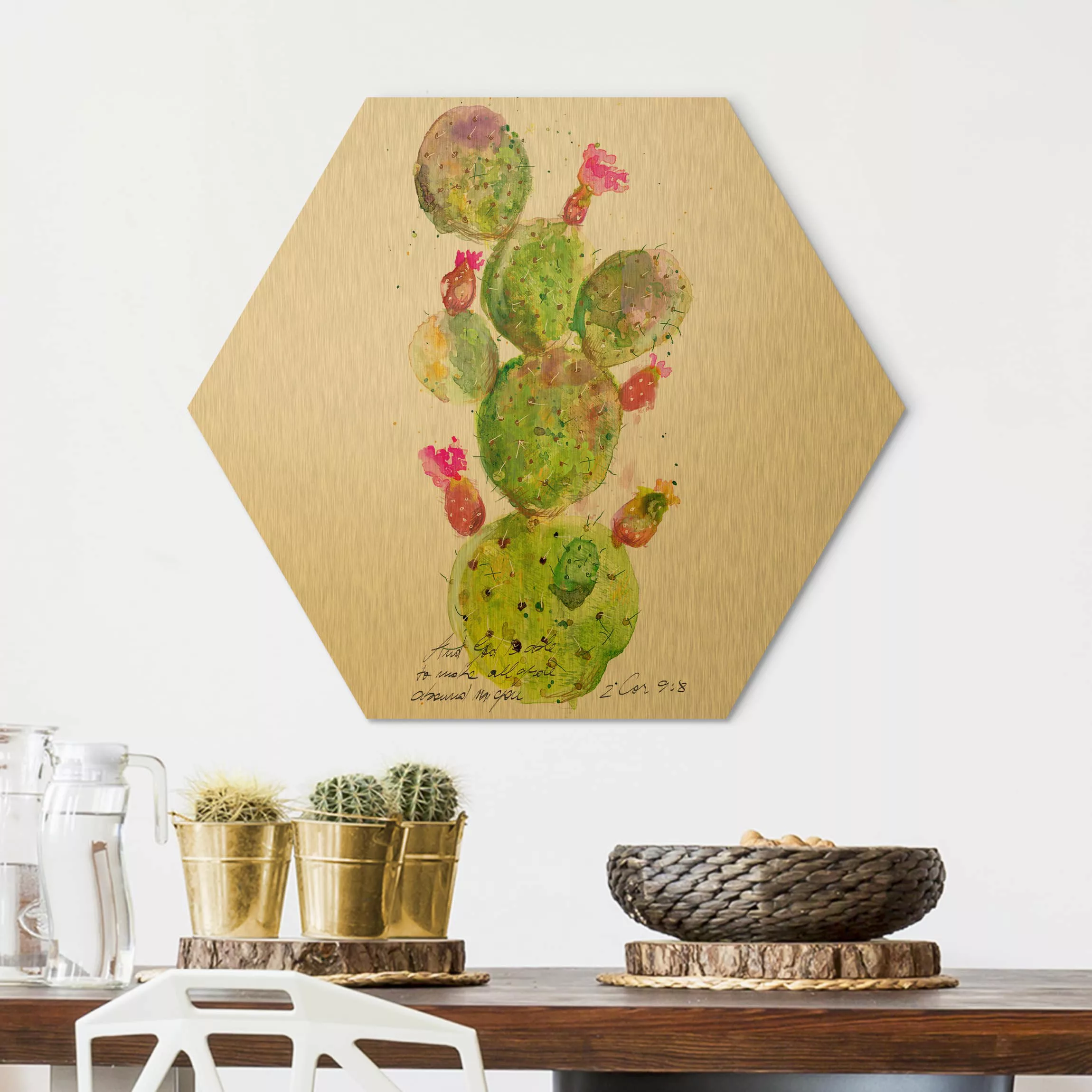 Hexagon-Alu-Dibond Bild Blumen Kaktus mit Bibelvers III günstig online kaufen