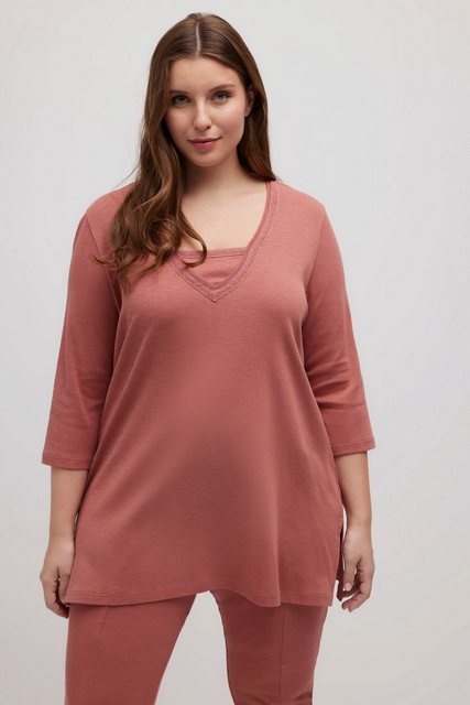 Ulla Popken Longshirt Longshirt Spitze V-Ausschnitt 3/4-Arm Biobaumwolle günstig online kaufen