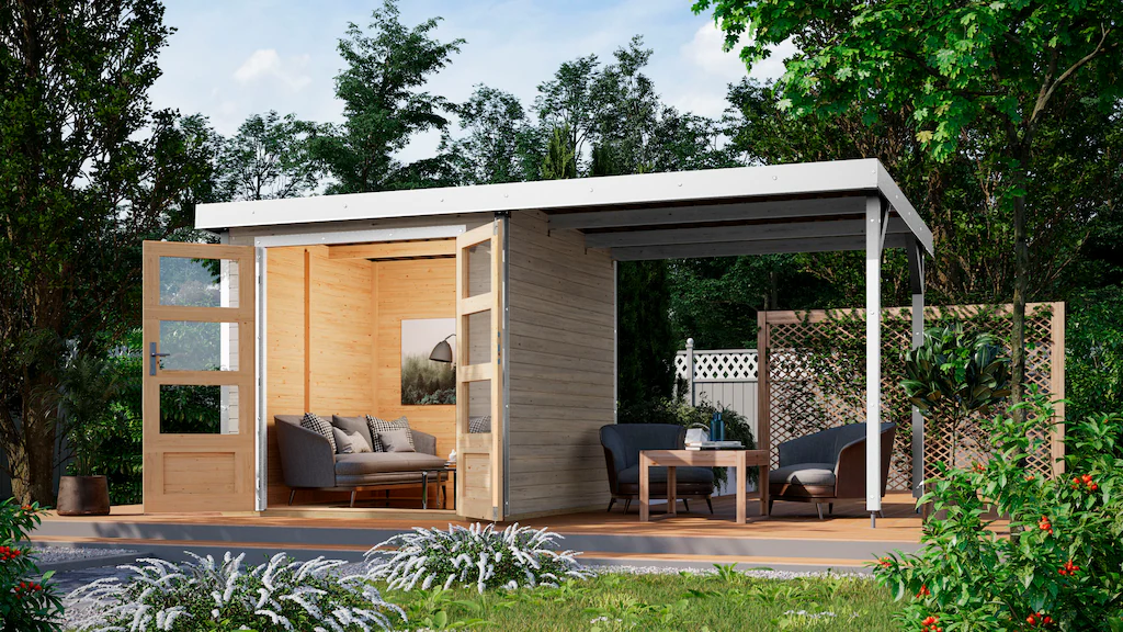 Karibu Gartenhaus ""Jupiter D SET"", wassergrau/ staubgrau, mit Anbaudach günstig online kaufen
