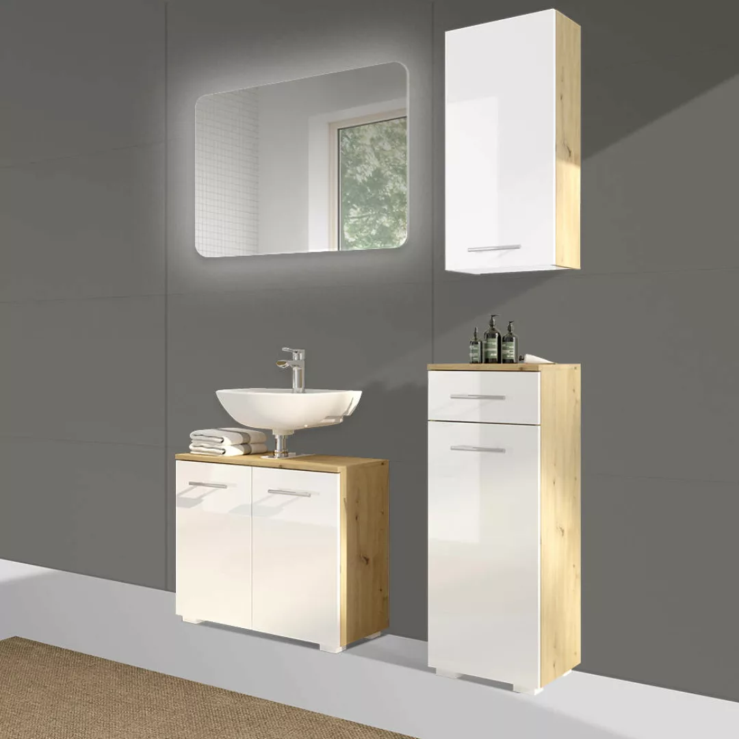 Badezimmer Set mit LED Spiegel in Artisan Eiche Nb. mit weiß Hochglanz lack günstig online kaufen