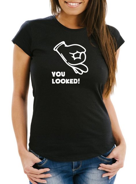 MoonWorks Print-Shirt Damen T-Shirt Comic Hand Look Hole Game Slim Fit Moon günstig online kaufen