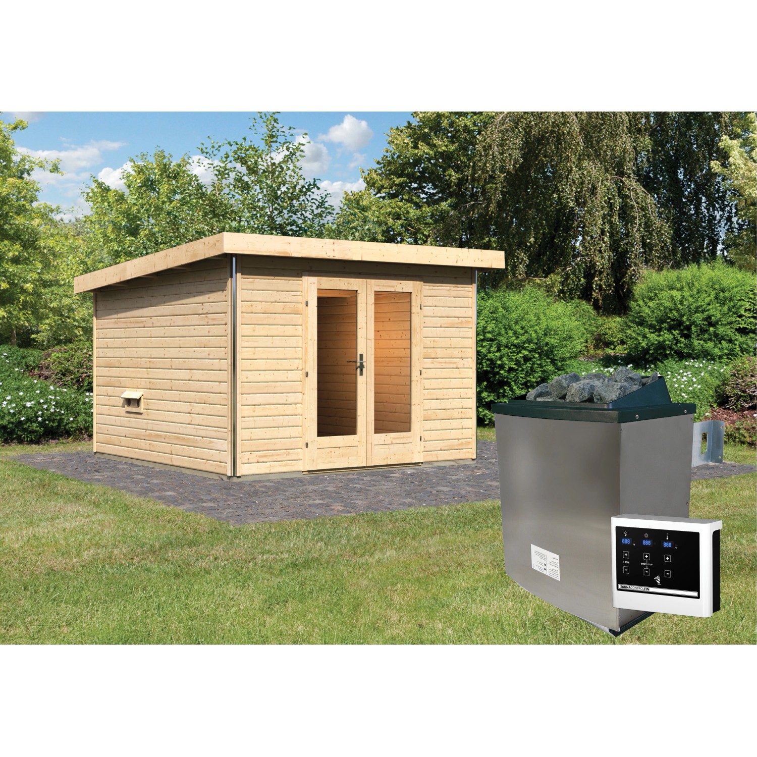 Karibu Saunahaus Magnus 1 Set B Natur mit Ofen 9 kW ext. Strg. günstig online kaufen