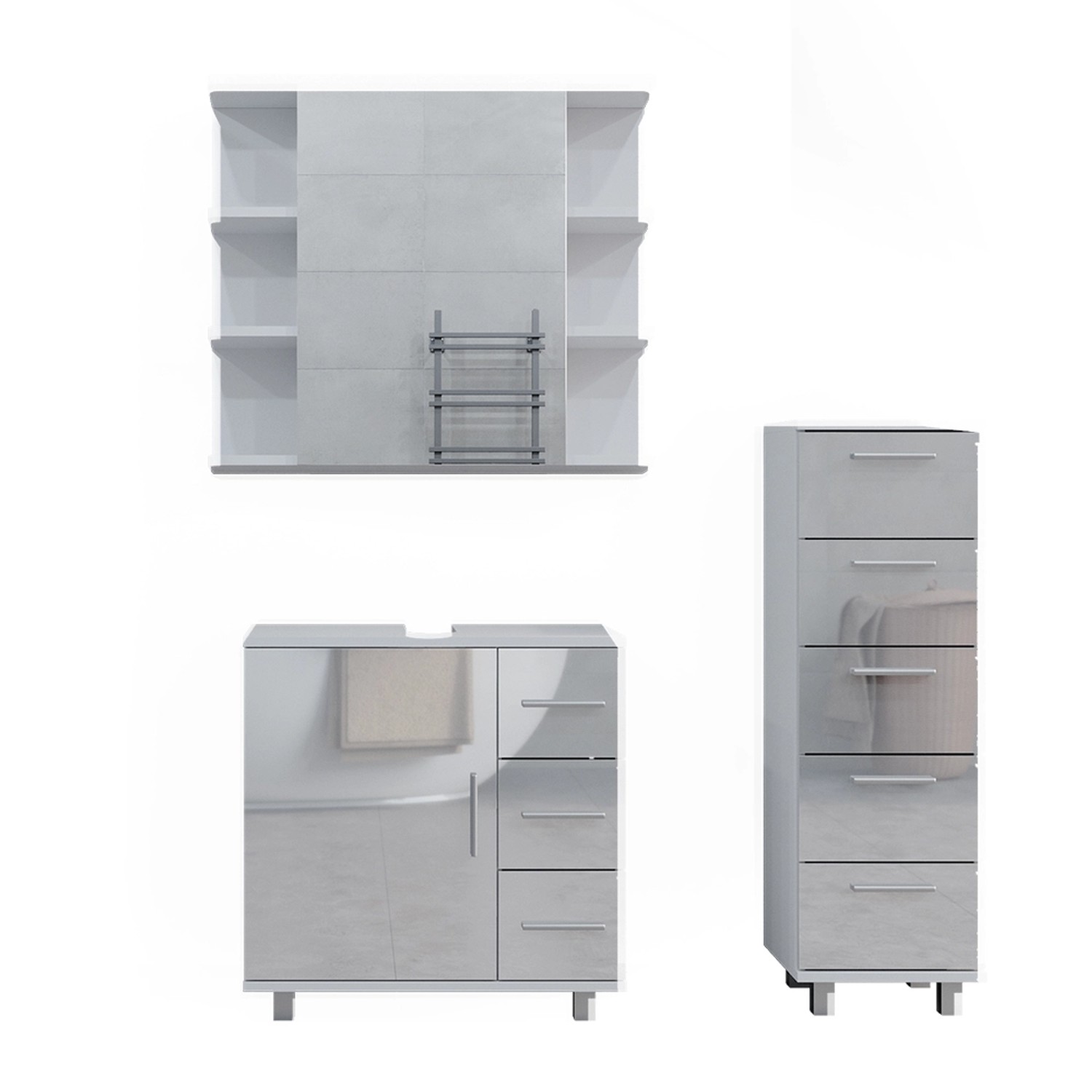 Vicco Badmöbel-Set Ilias Weiß Hochglanz 3 Teile mit Midischrank günstig online kaufen