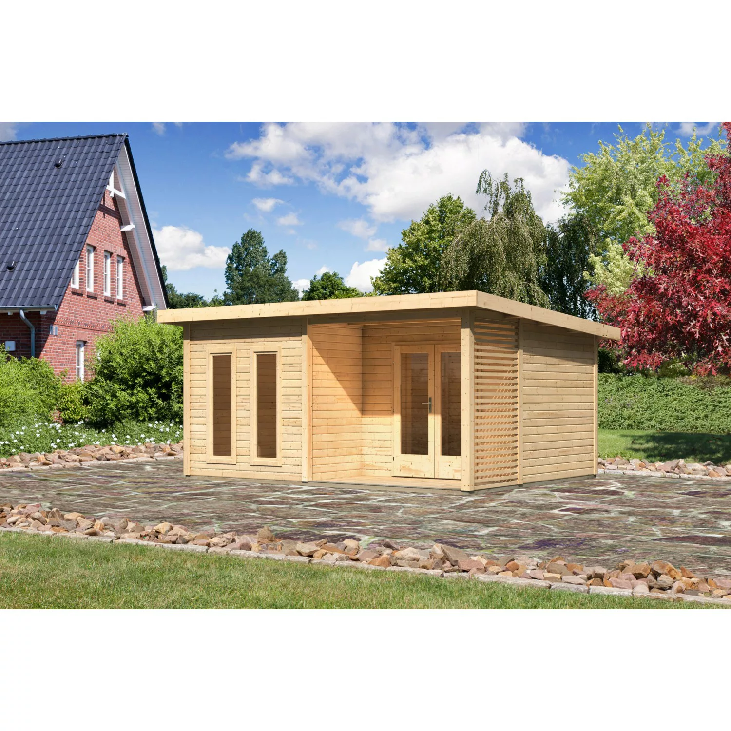 Karibu Holz-Gartenhaus Norrköping Naturbelassen Flachdach 506 cm x 366 cm günstig online kaufen
