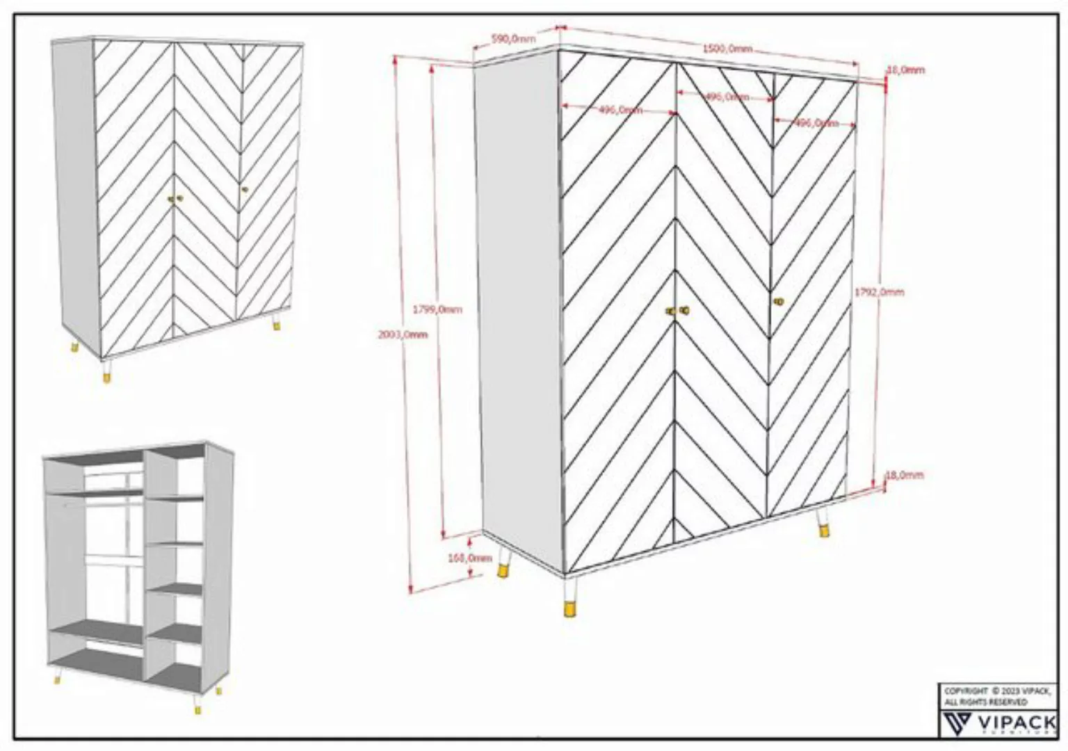 Vipack Kleiderschrank, (Made in Europe), mit 3 Drehtüren bietet viel Staura günstig online kaufen