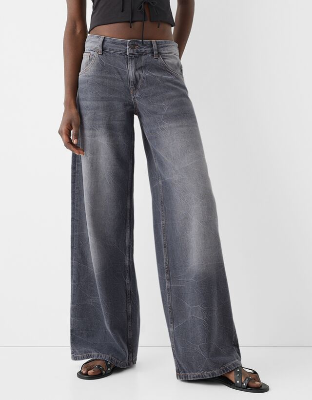 Bershka Low Waist Baggy-Jeans Damen 34 Grau günstig online kaufen
