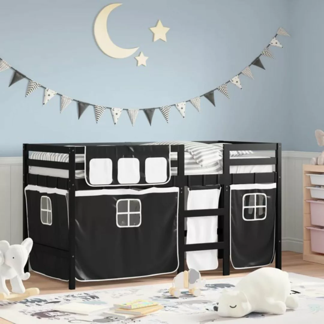 vidaXL Etagenbett Kinderhochbett mit Vorhängen Weiß Schwarz 90x190 cm Kiefe günstig online kaufen