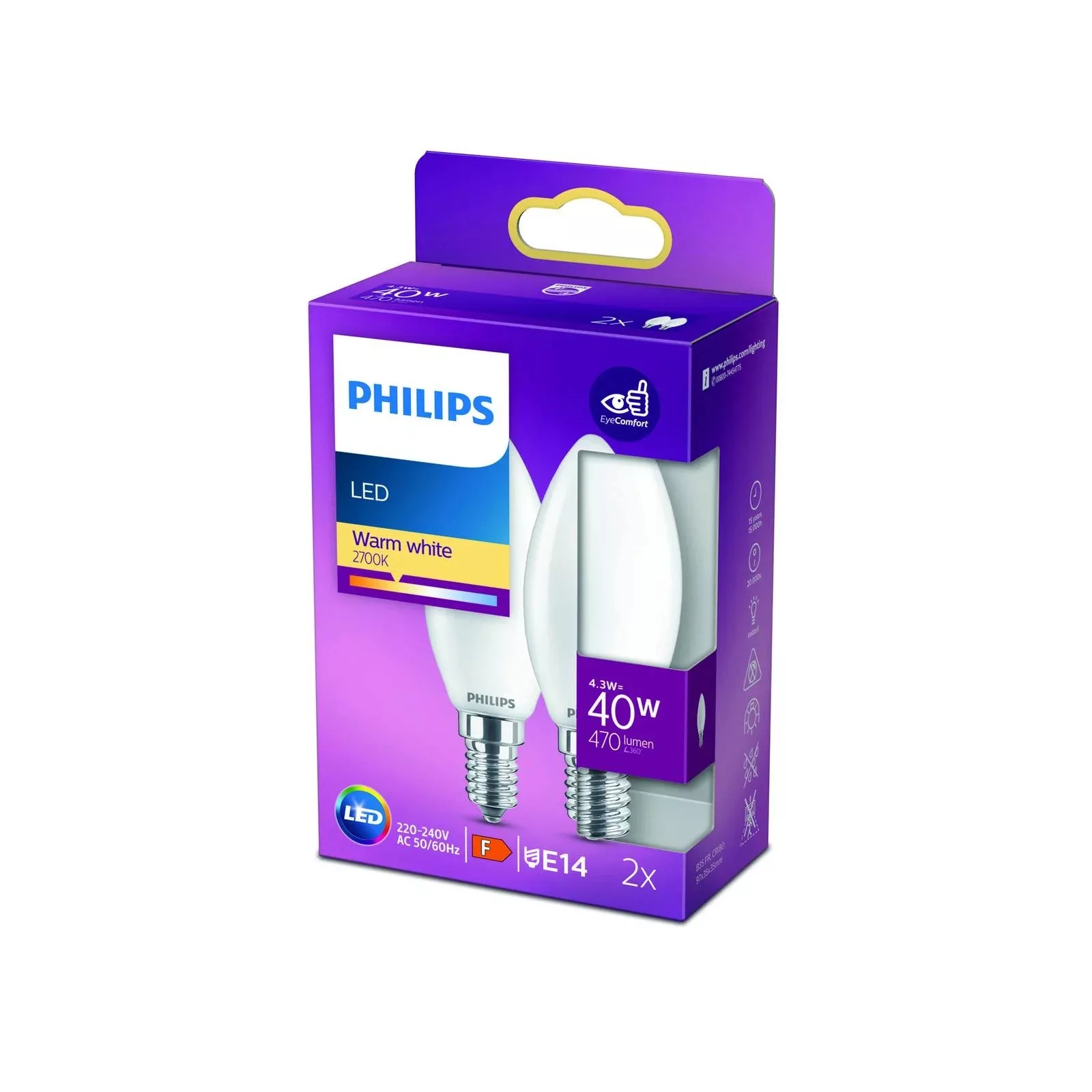 Philips LED-Leuchtmittel E14 Kerzenform 4,3 W 2er Set 9,7 x 3,5 cm (H x Ø) günstig online kaufen