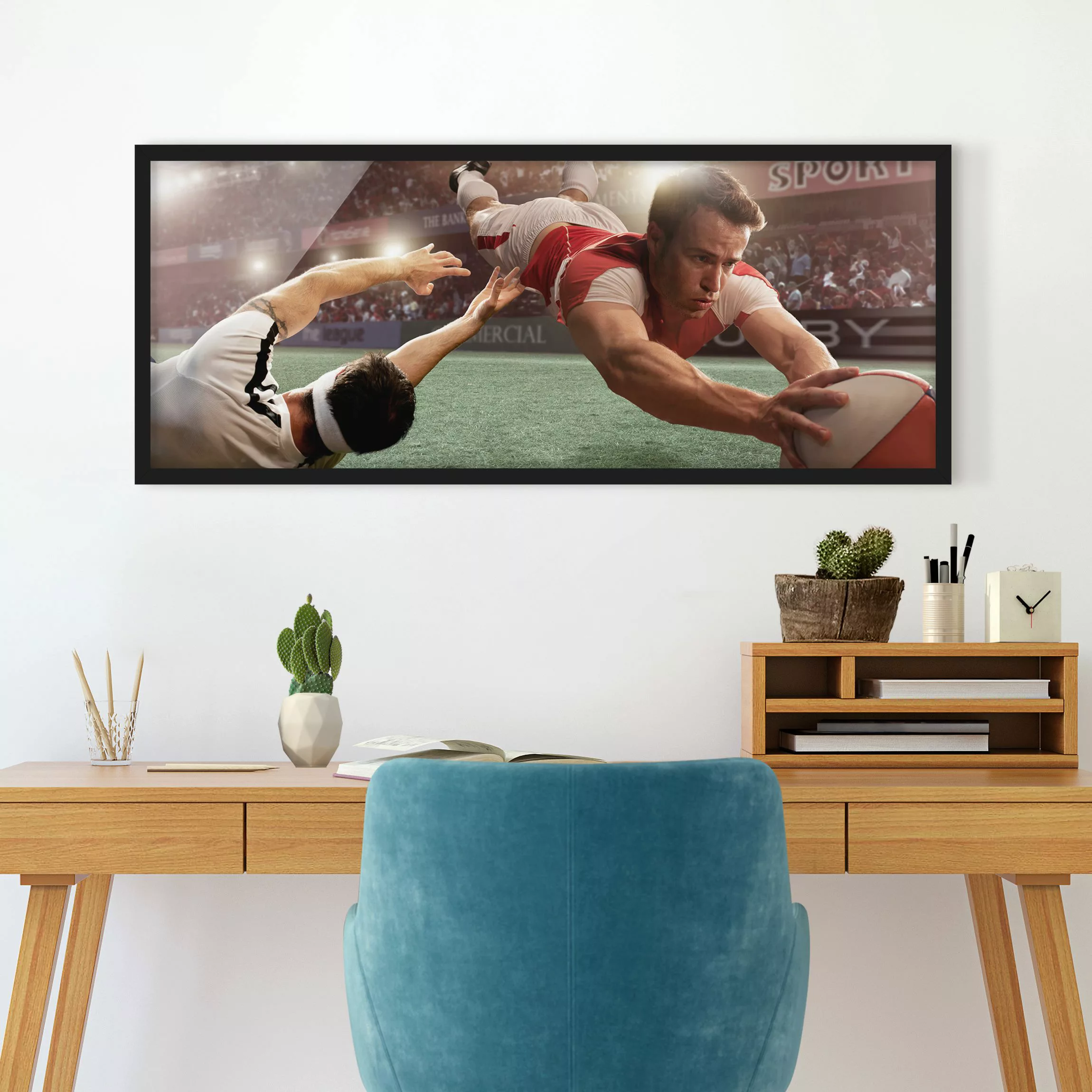 Bild mit Rahmen Kinderzimmer - Panorama Rugby-Action günstig online kaufen