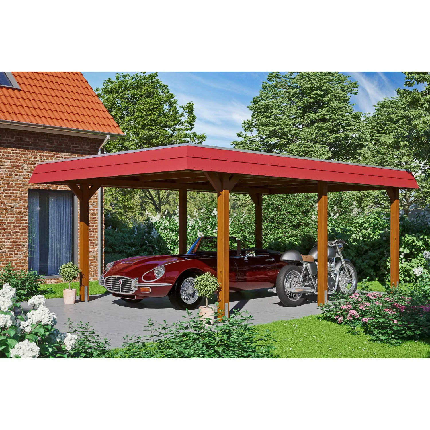 Skan Holz Carport Wendland Nussbaum 409 x 628 cm Alu-Dach Blende Rot günstig online kaufen