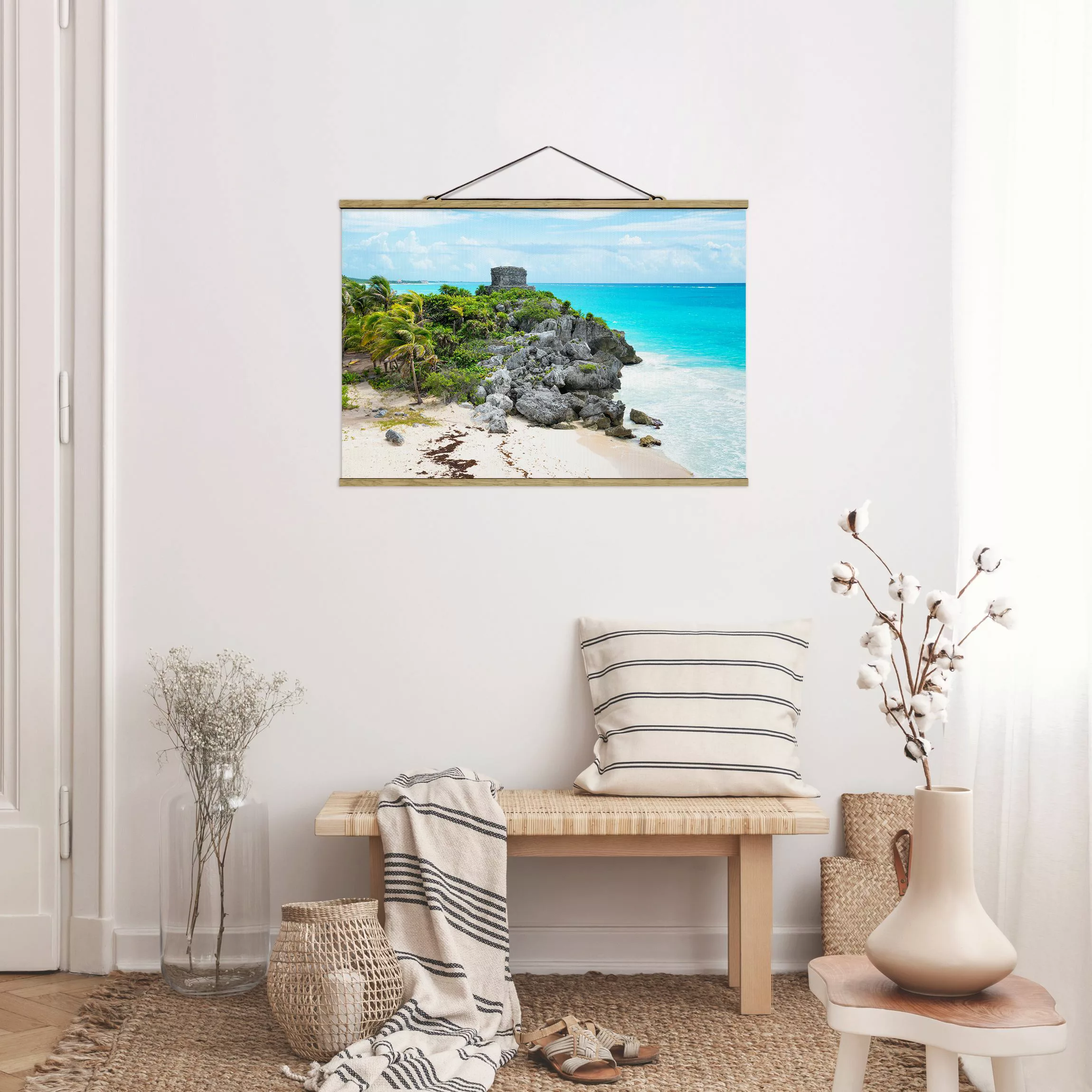 Stoffbild Strand mit Posterleisten - Querformat Karibikküste Tulum Ruinen günstig online kaufen