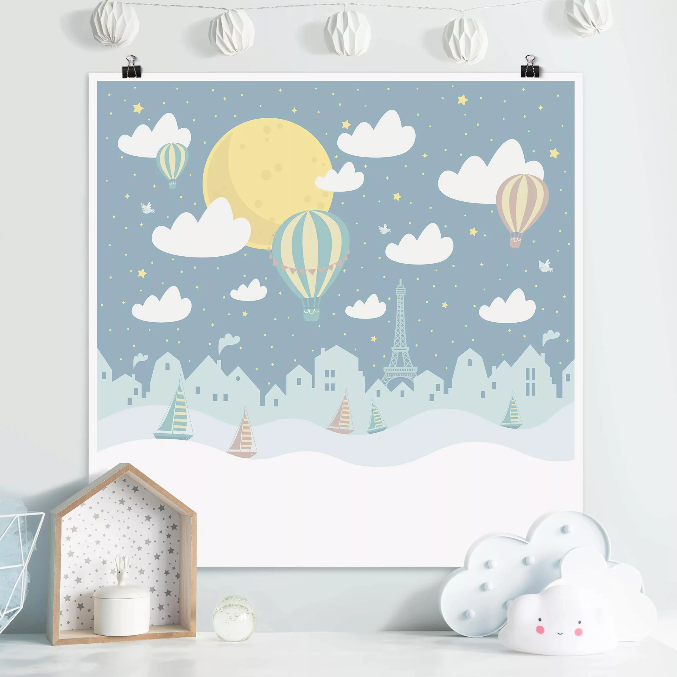 Poster Kinderzimmer - Quadrat Paris mit Sternen und Heißluftballon günstig online kaufen
