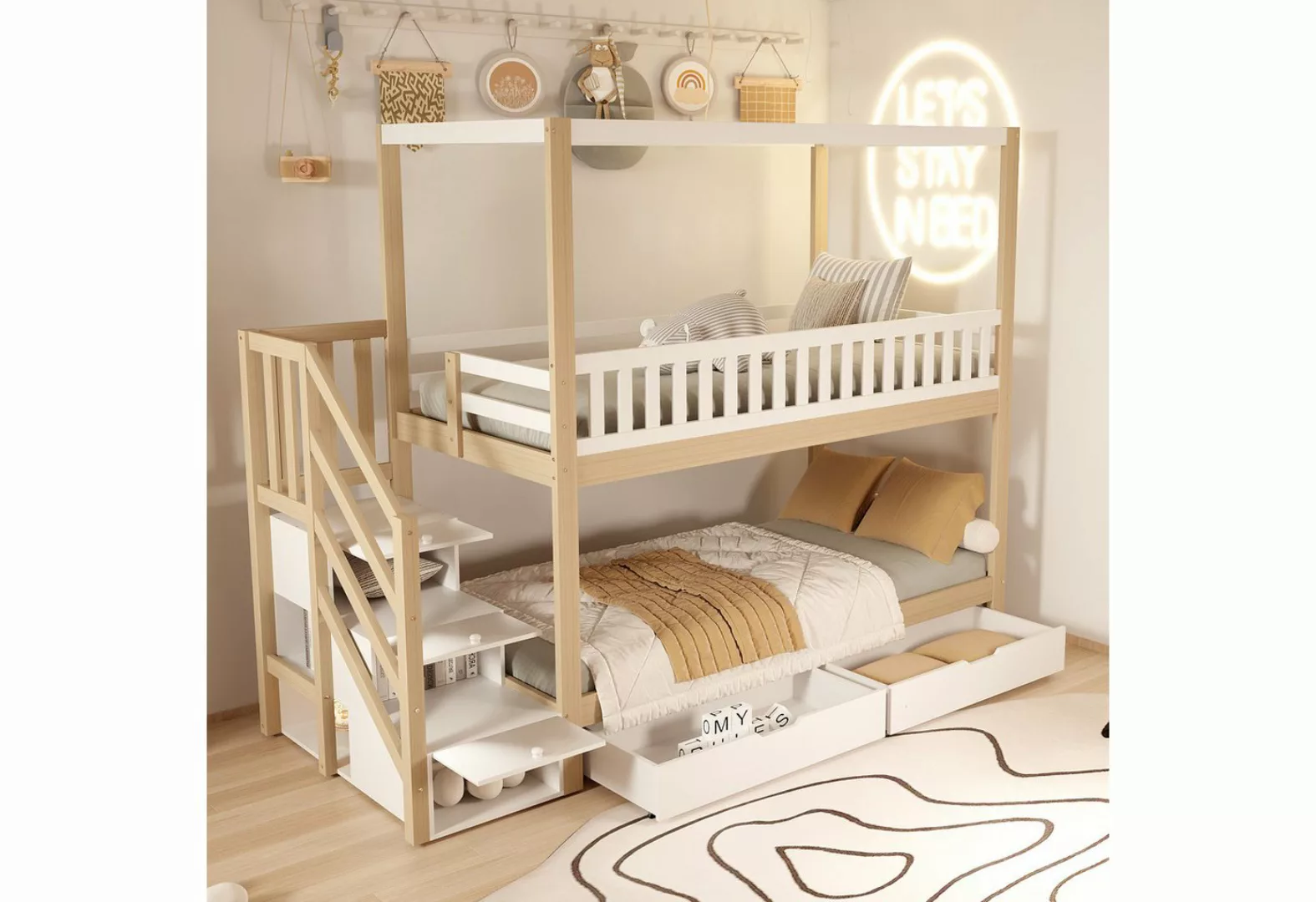 Flieks Etagenbett, Massivholz Kinderbett 90x200cm mit 2 Schubladen und Stau günstig online kaufen