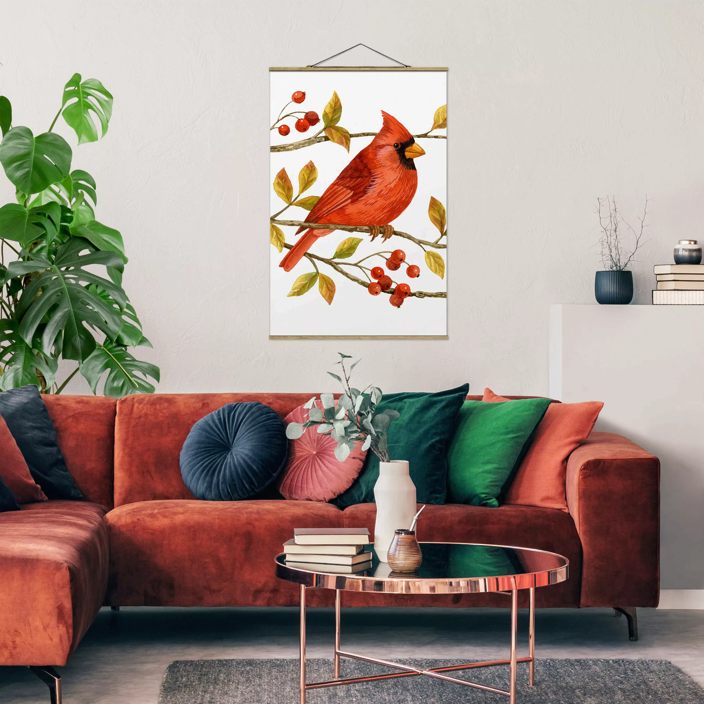 Stoffbild Tiere mit Posterleisten - Hochformat Vögel und Beeren - Rotkardin günstig online kaufen
