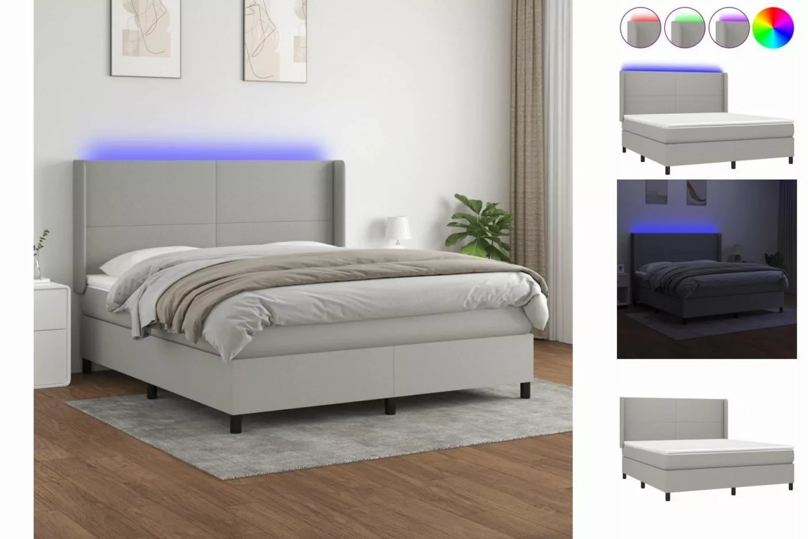 vidaXL Bettgestell Boxspringbett mit Matratze LED Hellgrau 160x200 cm Stoff günstig online kaufen