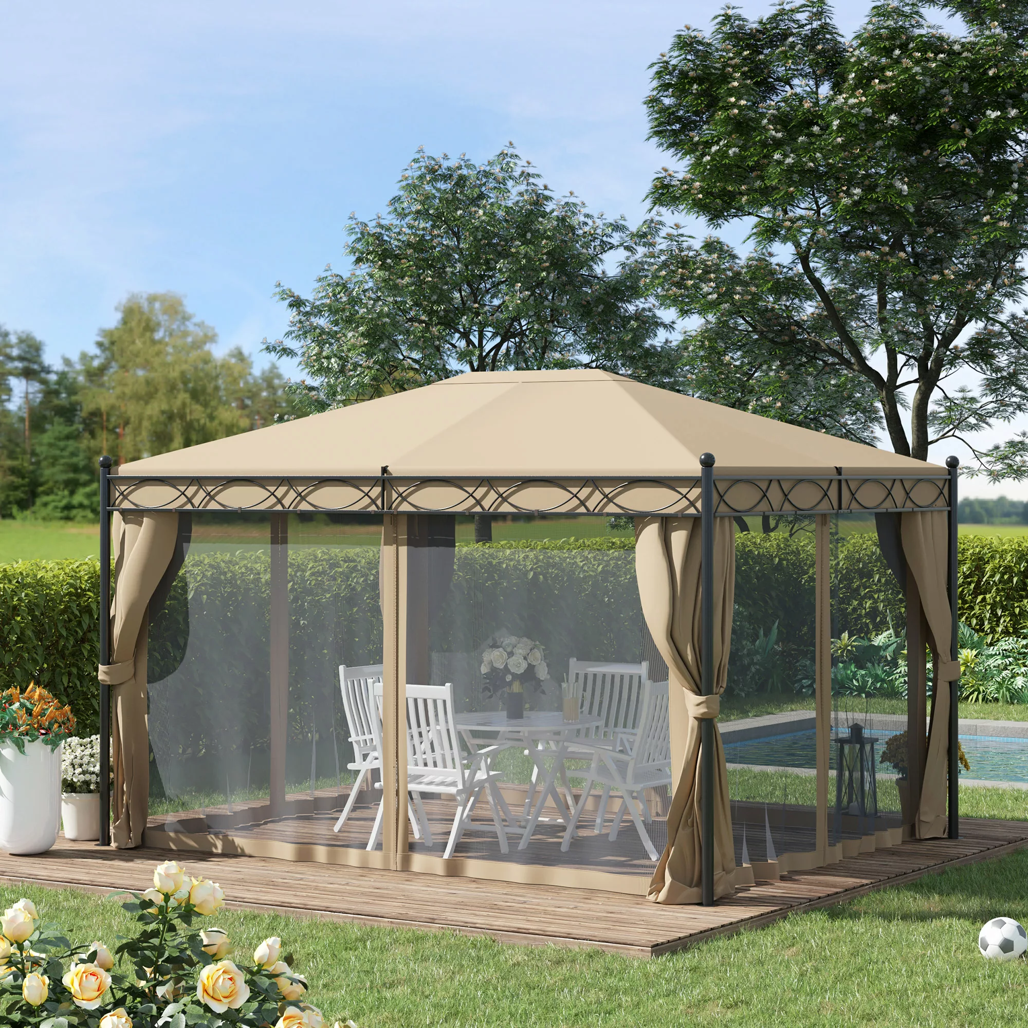 Outsunny Gartenpavillon  Elegantes Gartenzelt 3x4m mit Seitenwänden, Moskit günstig online kaufen