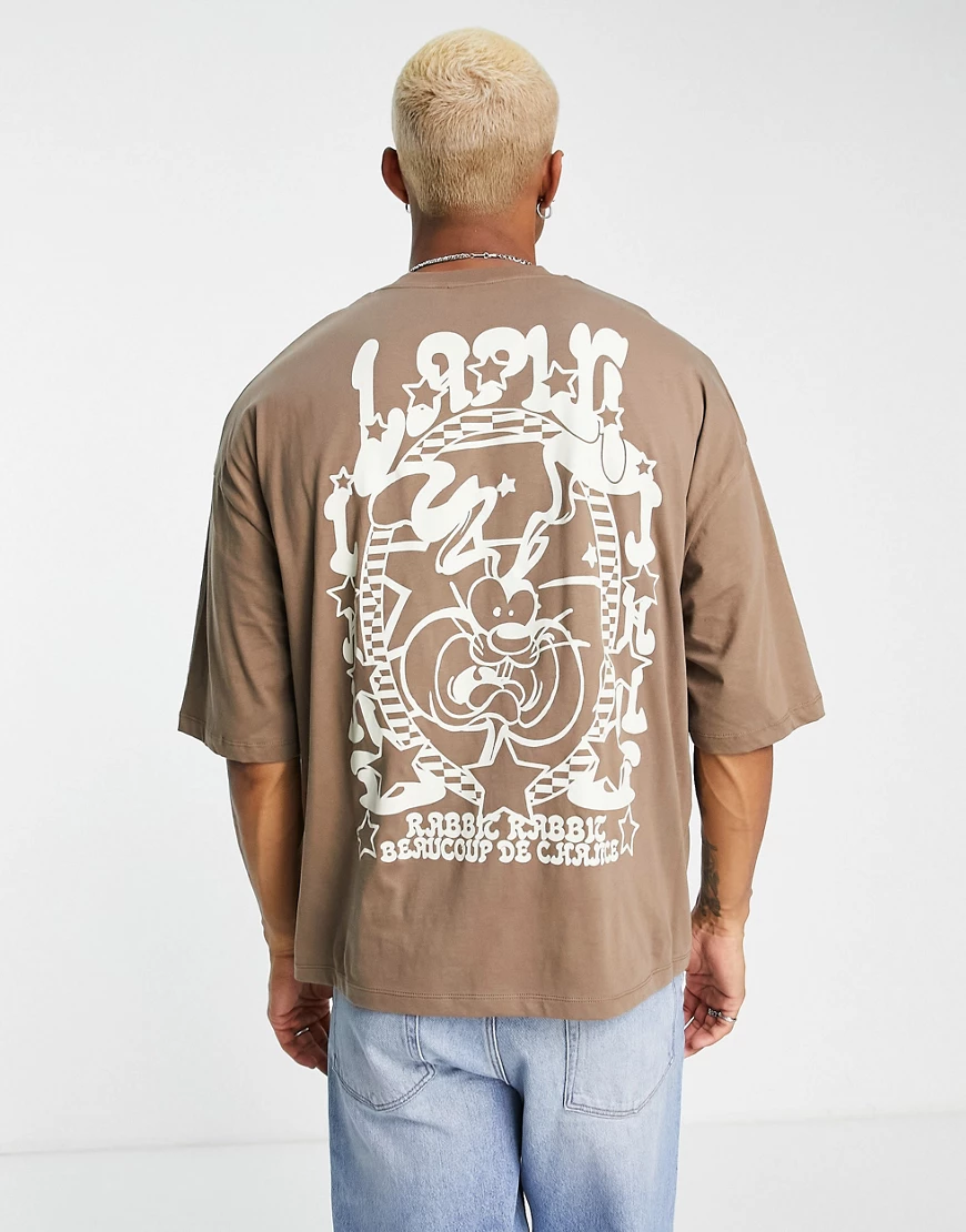 ASOS DESIGN – Oversize-T-Shirt in Braun mit Cartoonprint auf dem Rücken günstig online kaufen