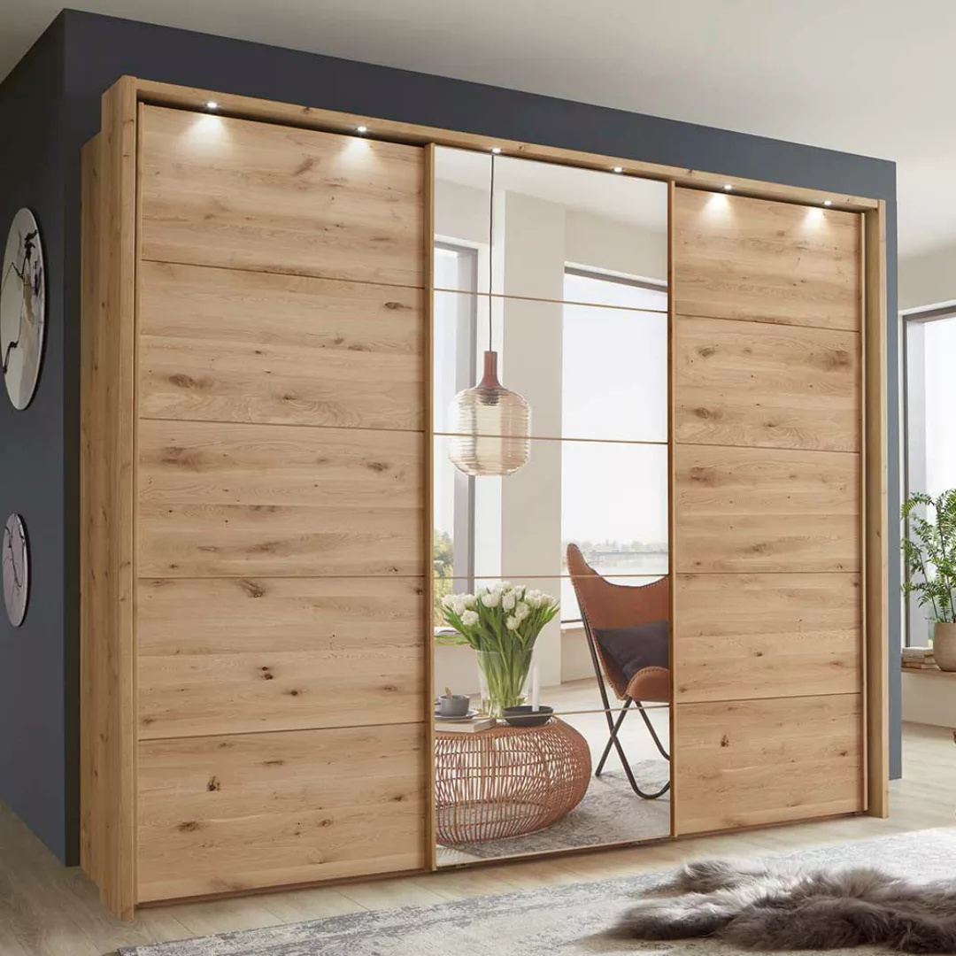 Kleiderschrank Holz mit 3 Schwebetüren Spiegel günstig online kaufen