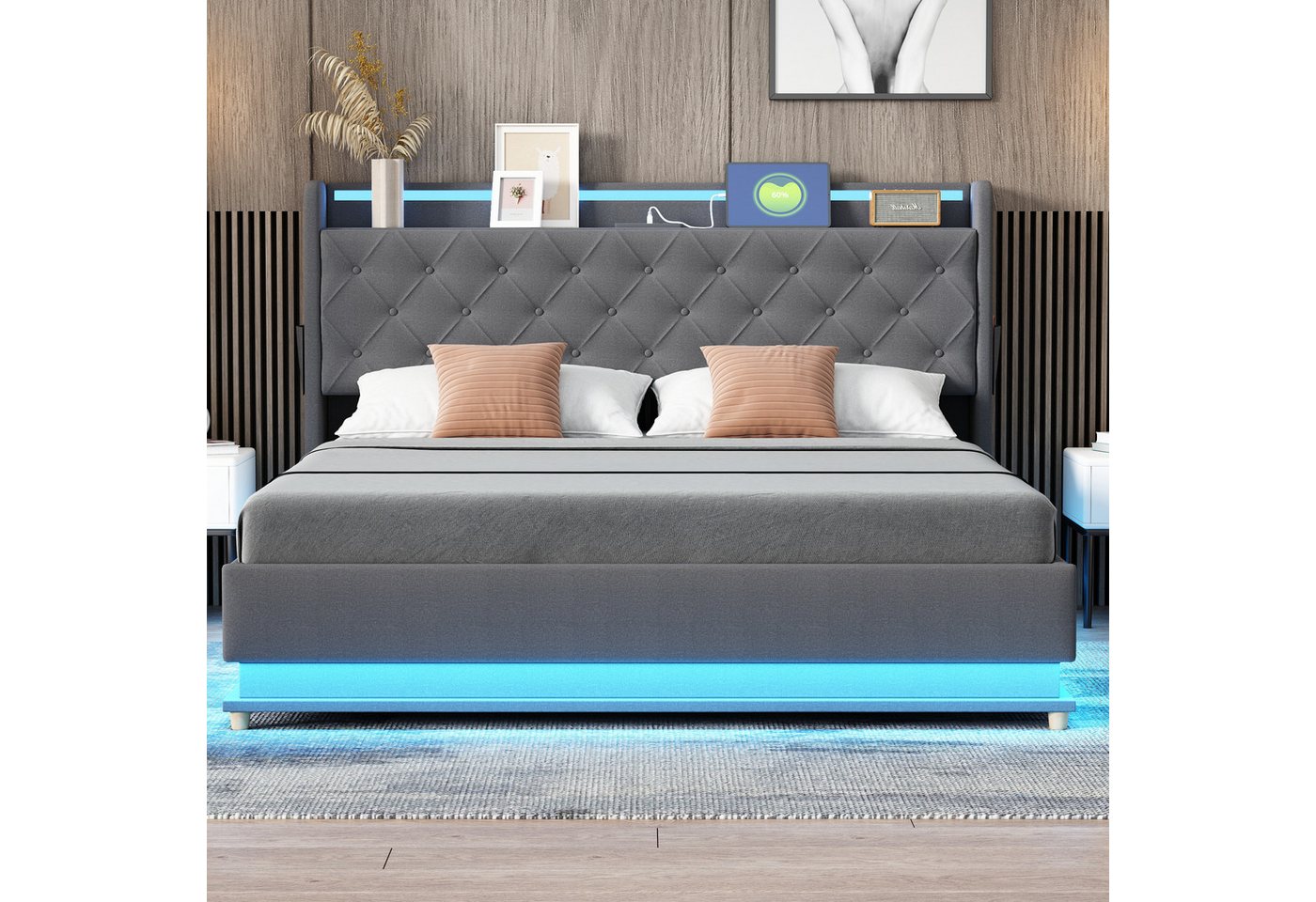 IDEASY Polsterbett Doppelbett, 160 x 200 cm, beige/grau, (Hydraulischer Lag günstig online kaufen