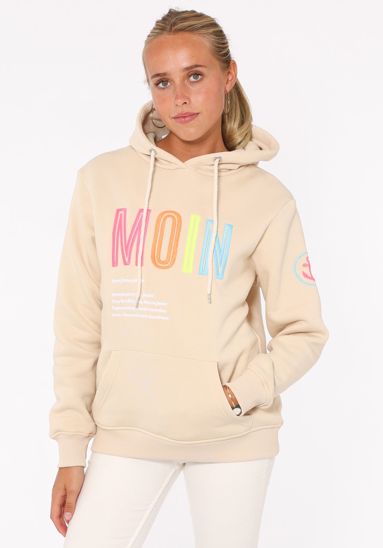 Zwillingsherz Sweat-Hoodie, mit aufgesticktem "MOIN"-Schriftzug in Neonfarb günstig online kaufen