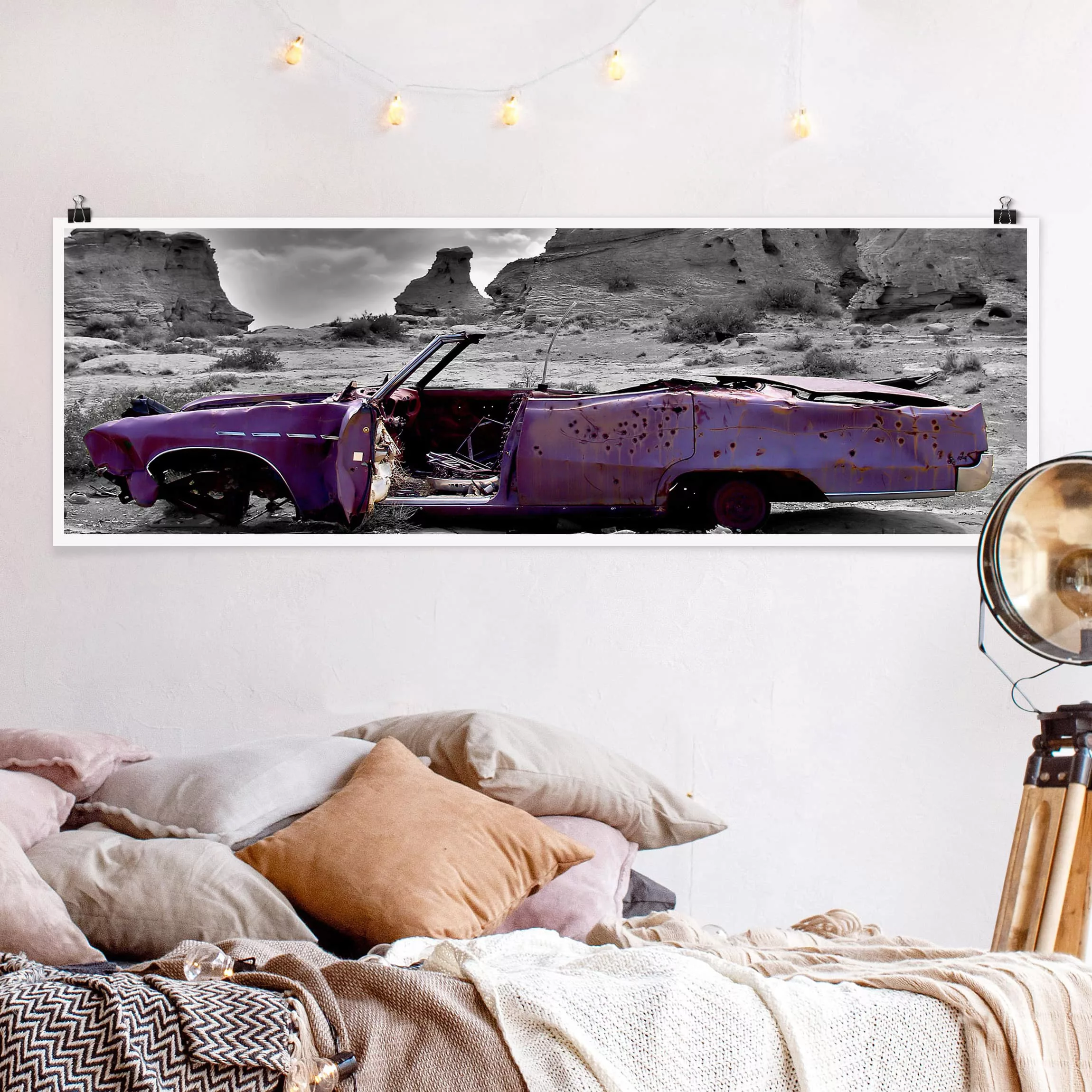 Panorama Poster Schwarz-Weiß Pink Cadillac günstig online kaufen