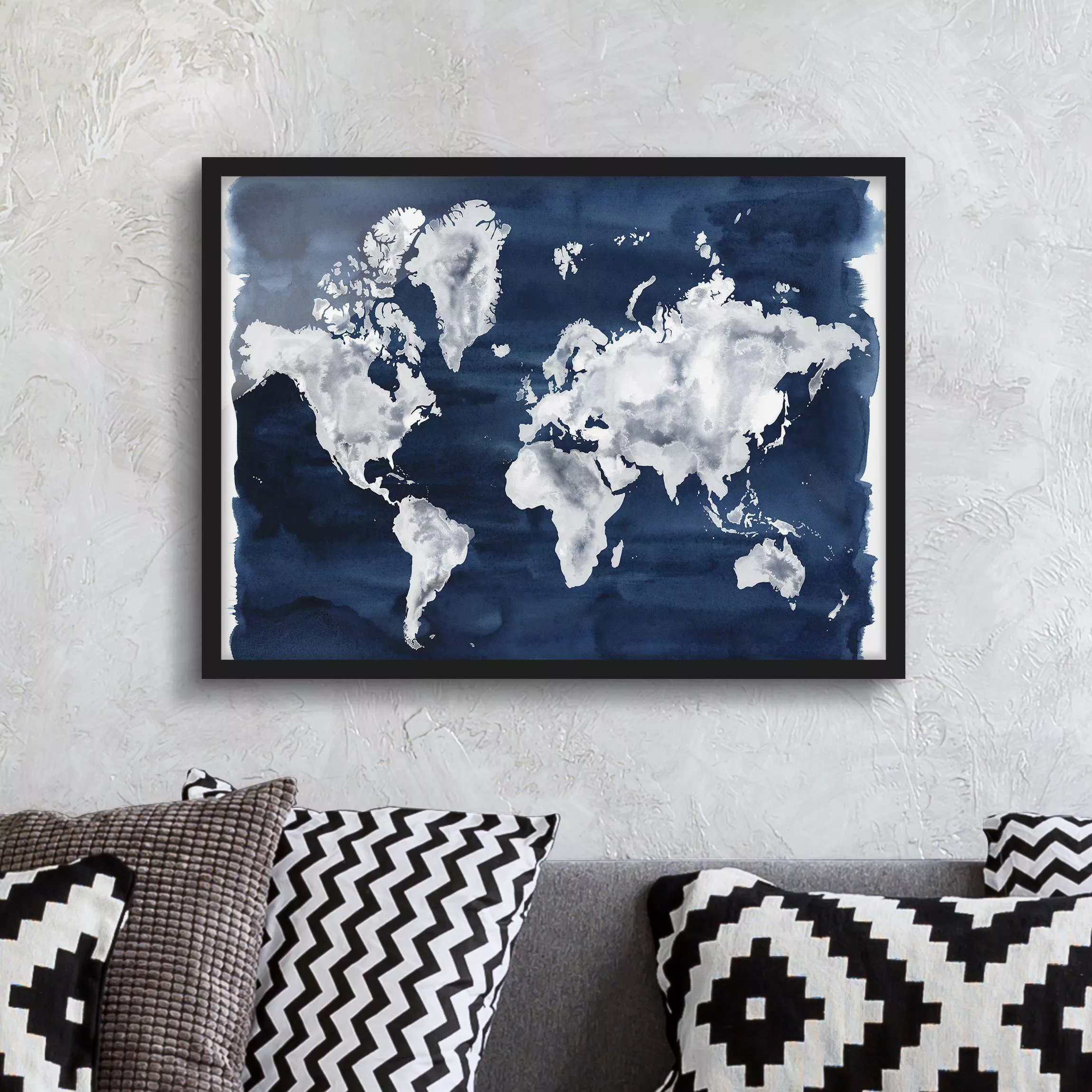 Bild mit Rahmen Stadt-, Land- & Weltkarte - Querformat Wasser-Weltkarte dun günstig online kaufen