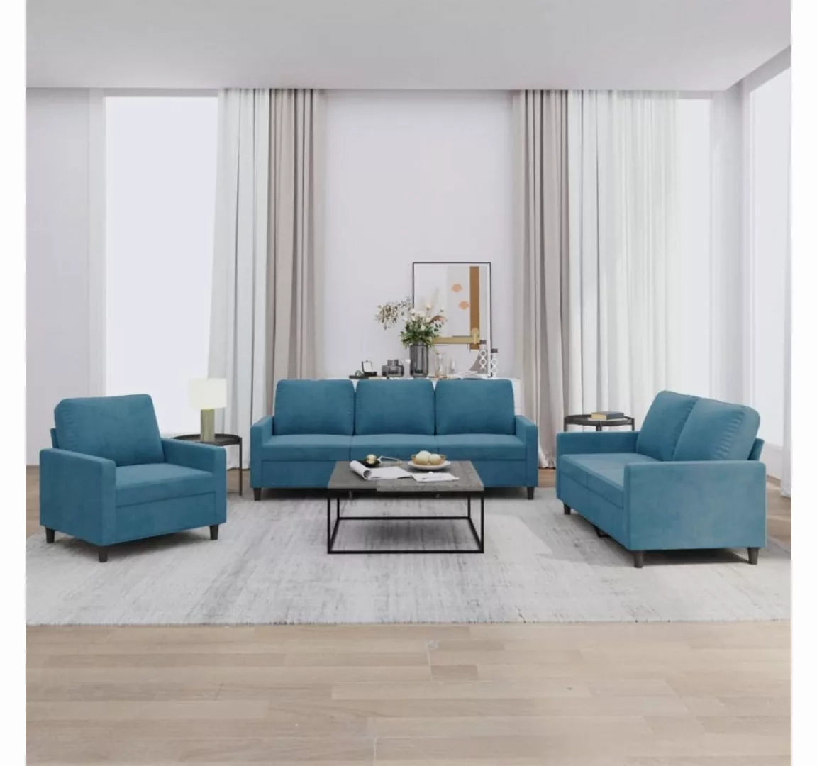 vidaXL Sofa Sofagarnitur Set mit Kissen Samt, 3-tlg., Blau günstig online kaufen