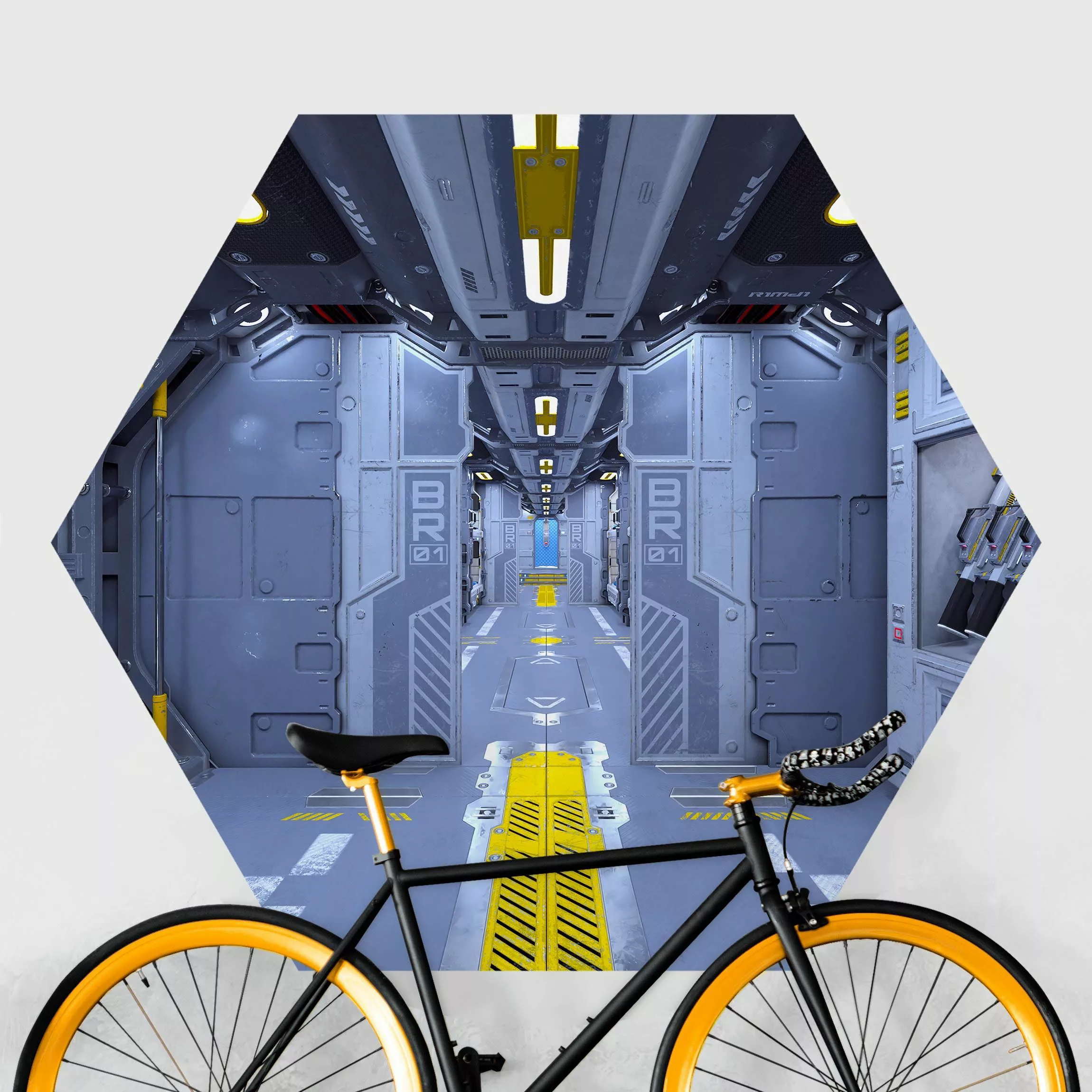 Hexagon Mustertapete selbstklebend Sci-Fi Raumschiff Innenraum günstig online kaufen