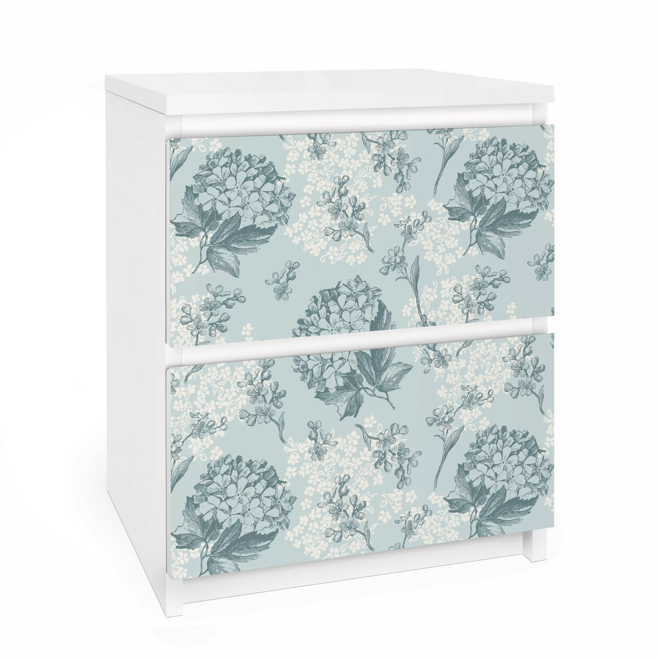 Möbelfolie für IKEA Malm Kommode 2 Schubladen Hortensia pattern in blue günstig online kaufen