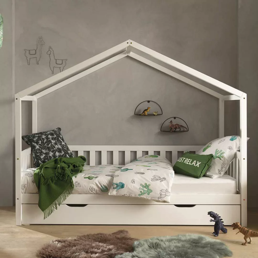 Kinderzimmerbett in Weiß Kiefer massiv Haus Optik günstig online kaufen