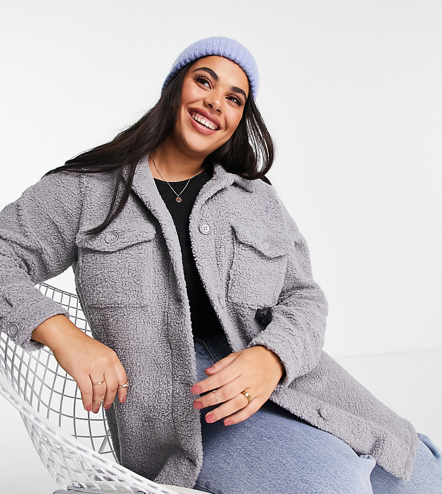 New Look Curve – Hemdjacke aus Teddyfell in Dunkelgrau günstig online kaufen