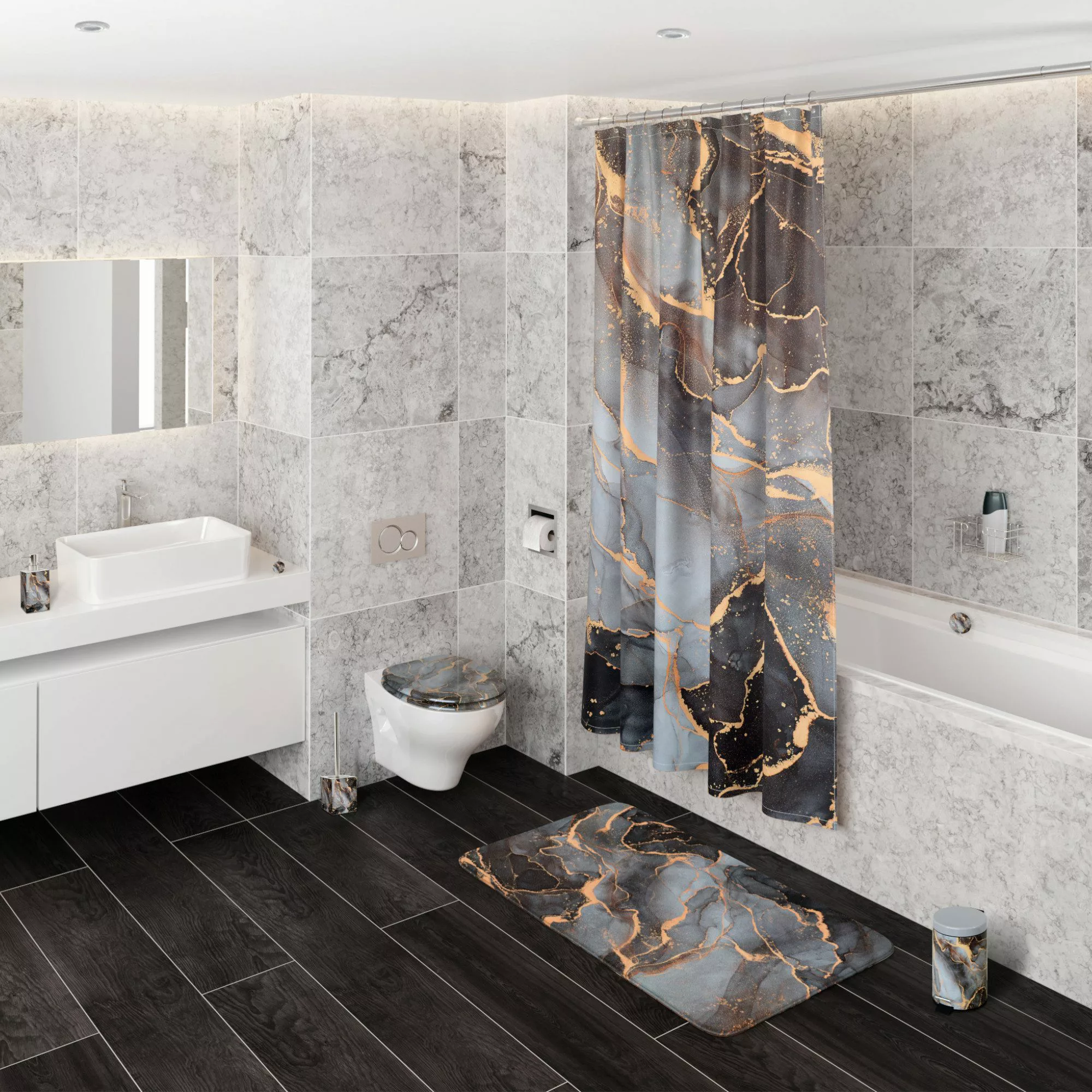 SANILO Badezimmer Set Seifenspender und WC Bürste Marmor Abstrakt günstig online kaufen