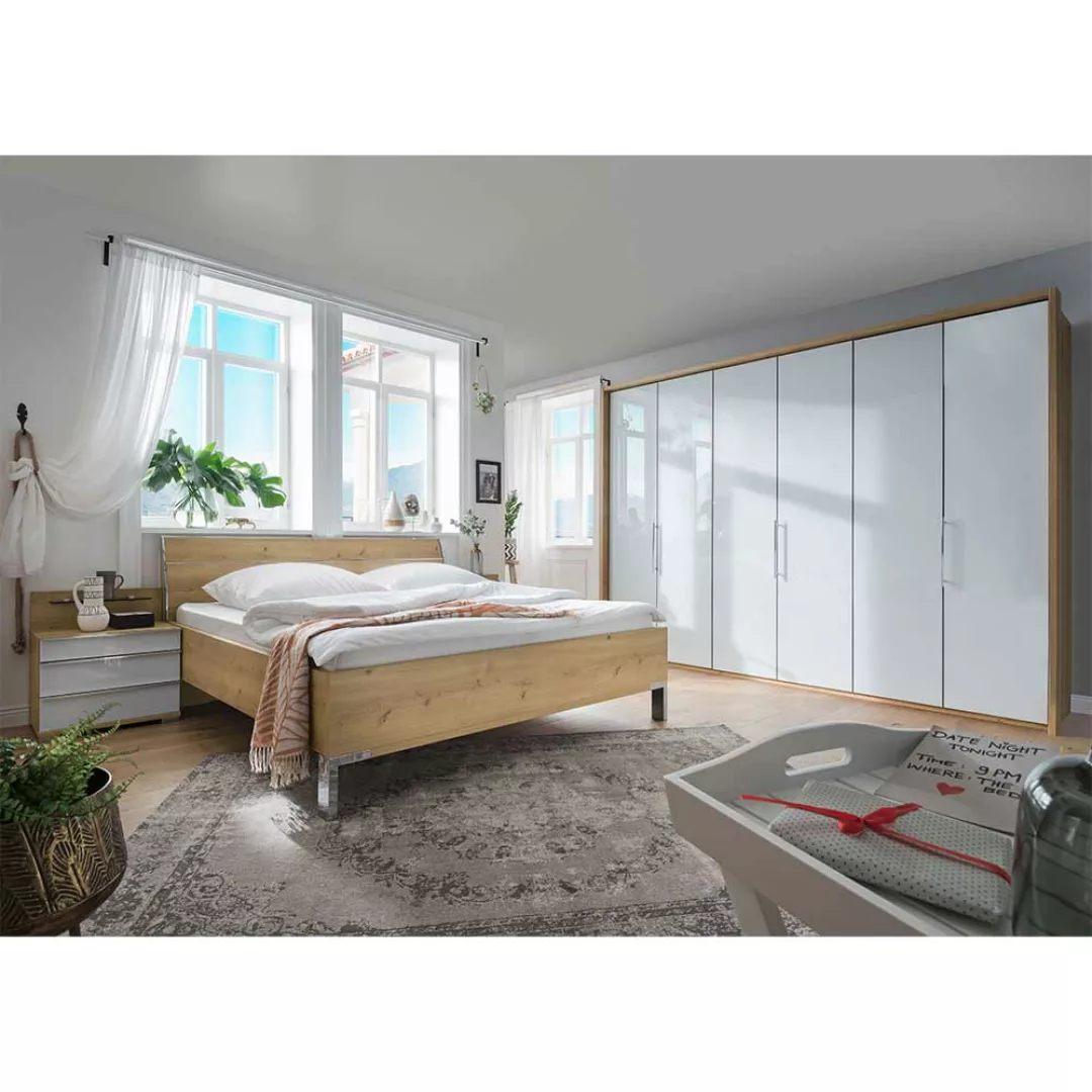 Schlafzimmerkomplettset in Weiß und Eiche Bianco glasbeschichtet (vierteili günstig online kaufen