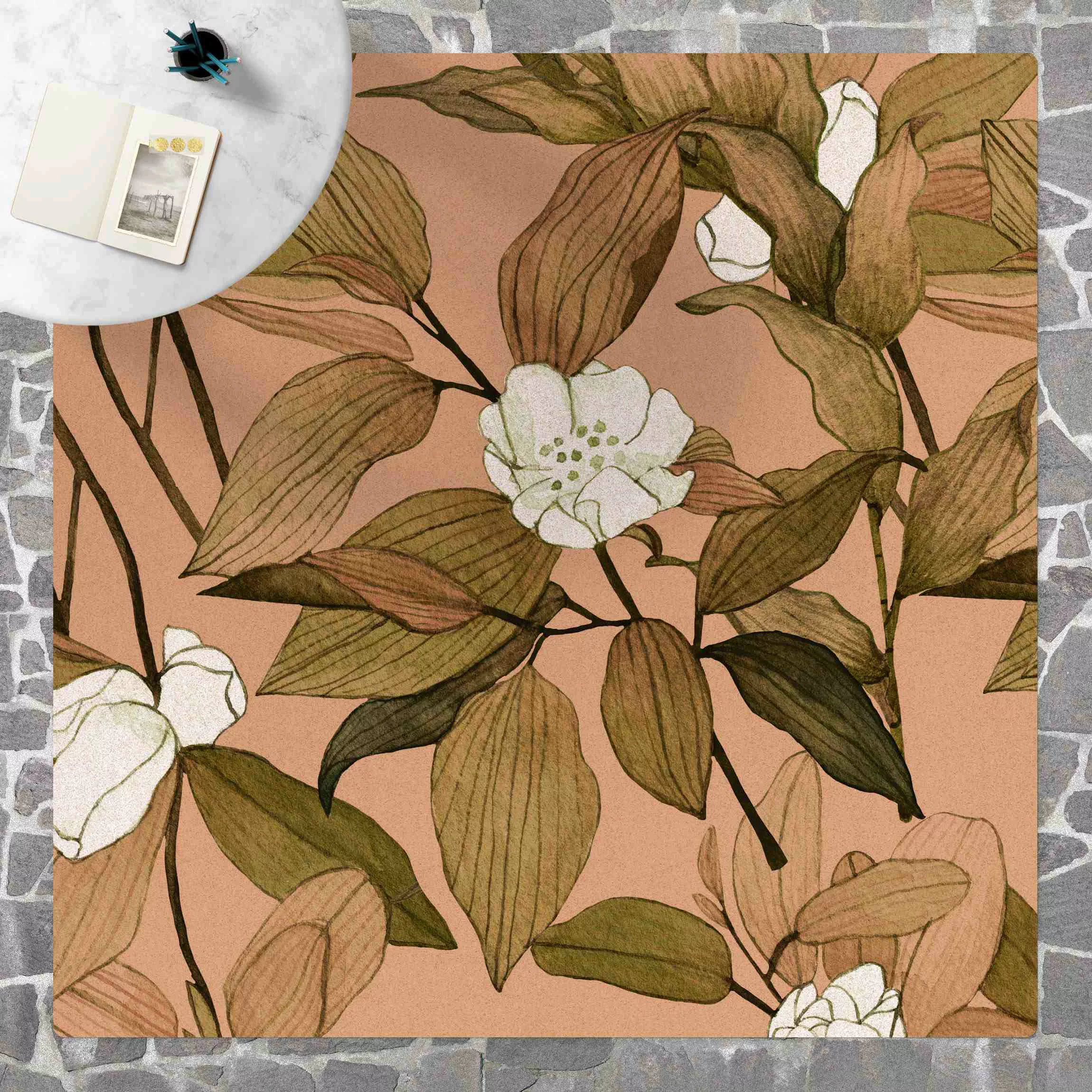 Kork-Teppich Romantisches Blütenaquarell Weiße Blüten günstig online kaufen