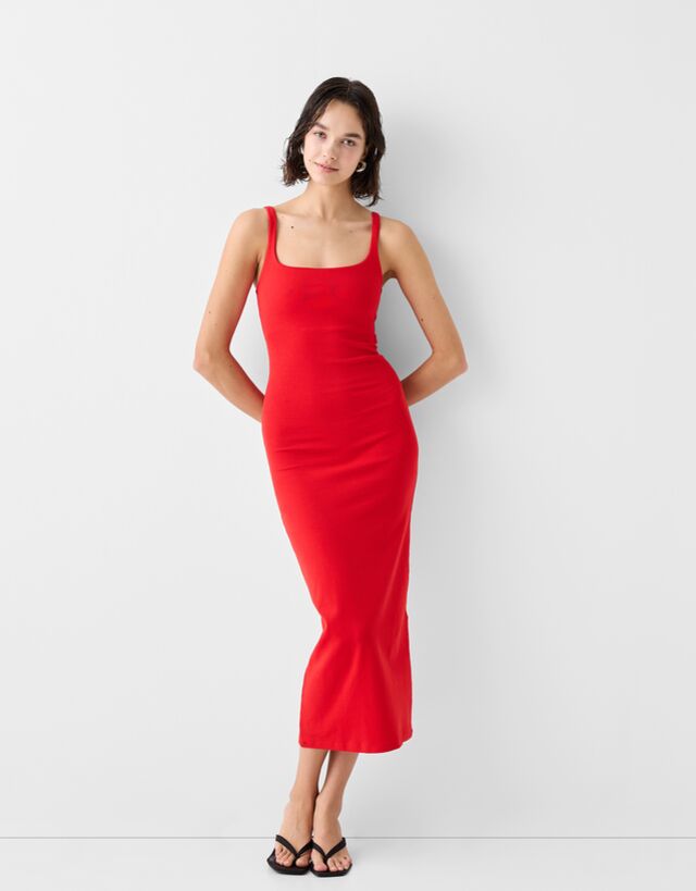 Bershka Midikleid Mit Trägern Und Kastenausschnitt Damen M Rot günstig online kaufen