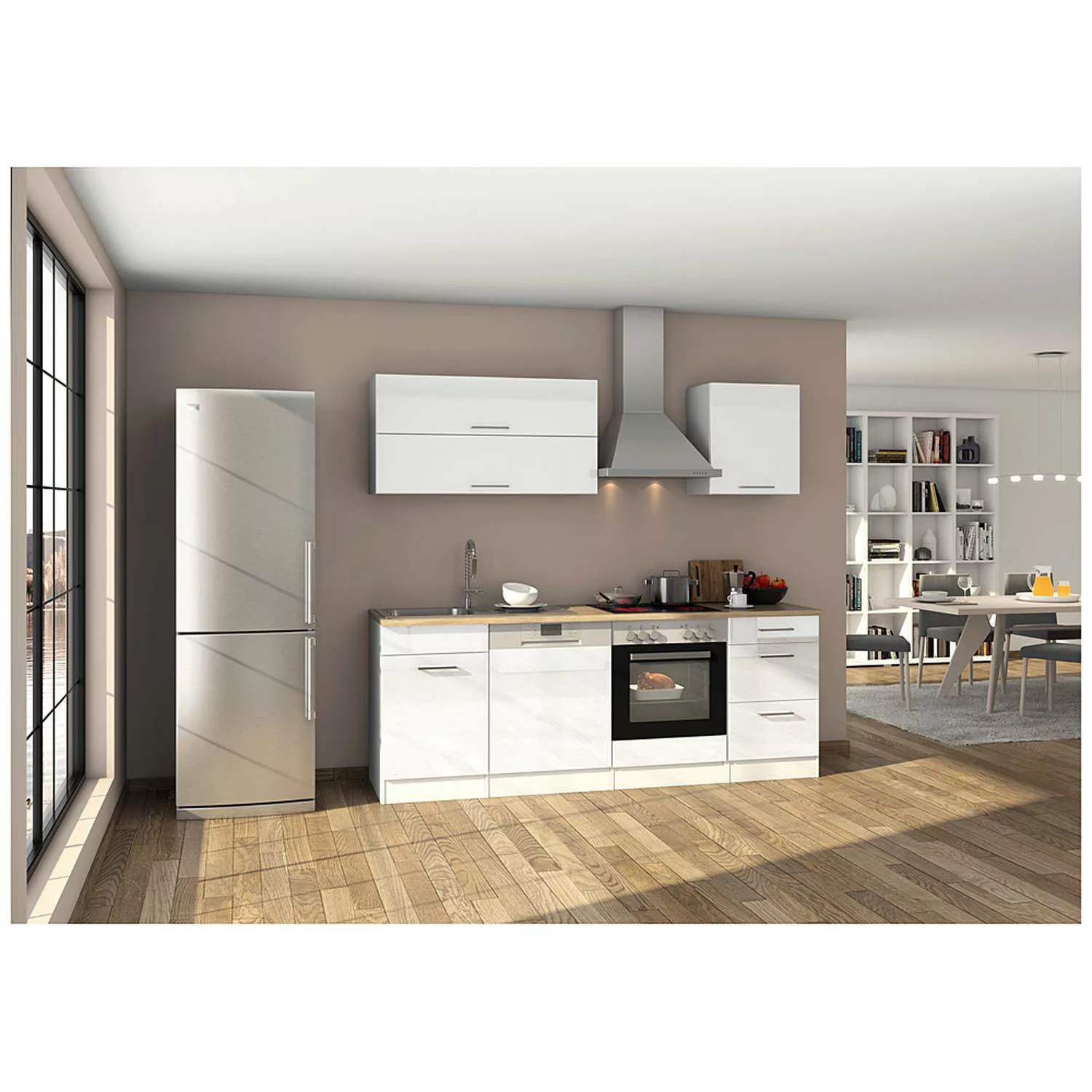 Küchenzeile 220 mit Geschirrspüler MARANELLO-03 Weiß Hochglanz Breite 220 c günstig online kaufen