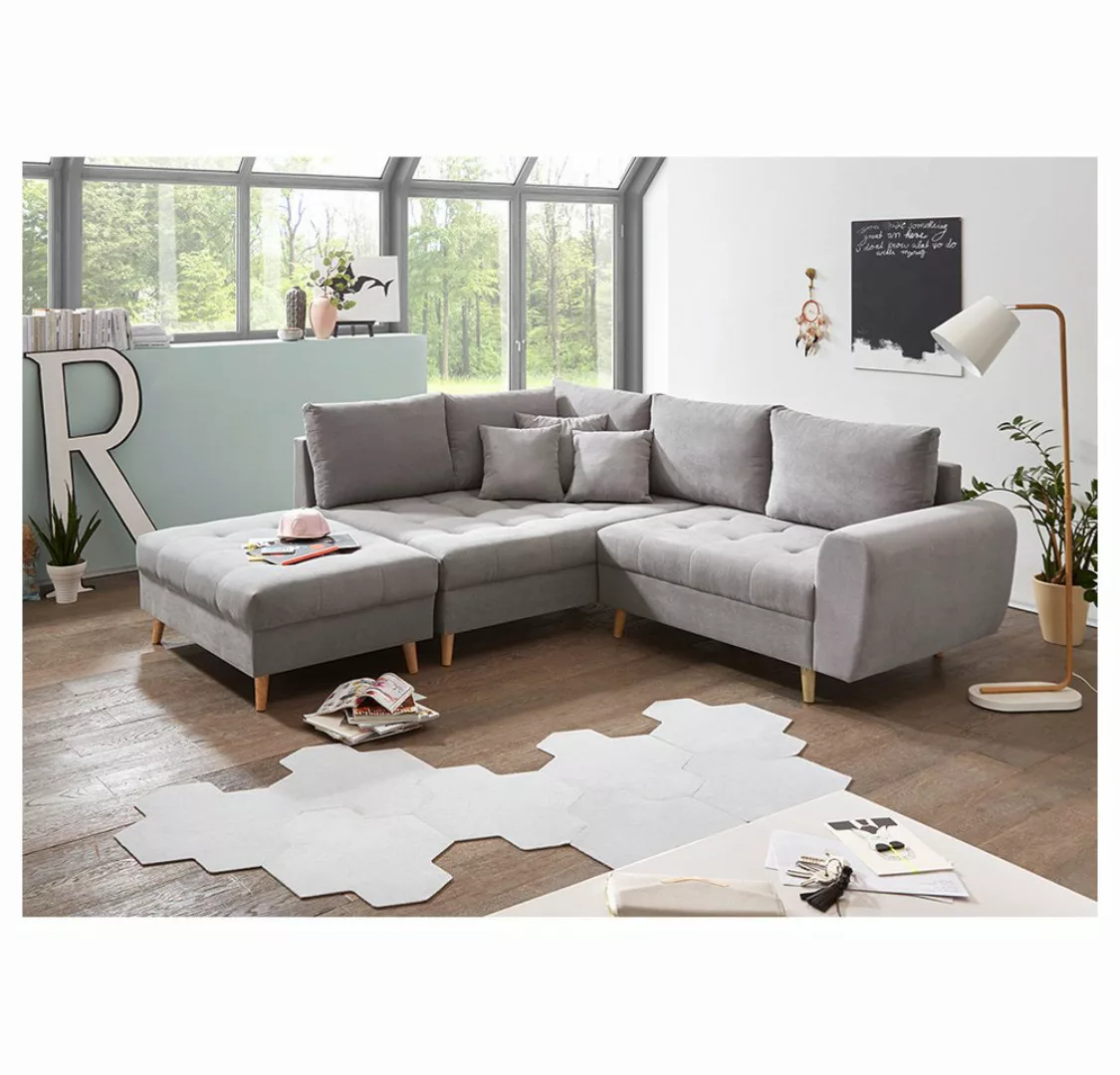 Lomadox Ecksofa AREZZO-09, hellgrau Polstergarnitur inkl. Kissen 249x94x175 günstig online kaufen