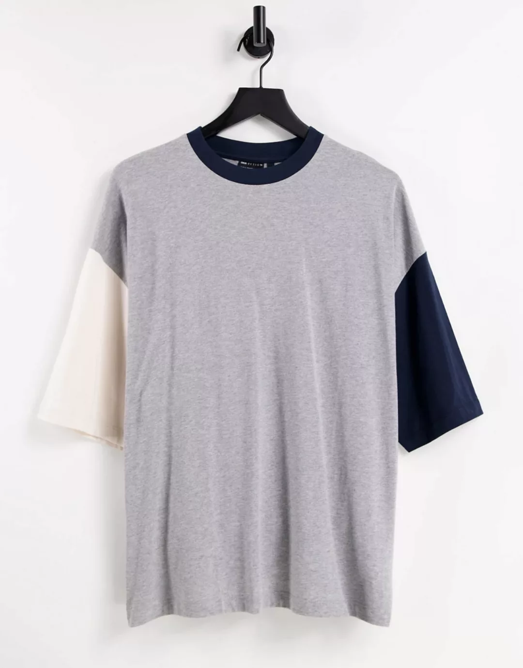 ASOS DESIGN – Oversize-T-Shirt mit Farbblockdesign in Grau meliert & Marine günstig online kaufen