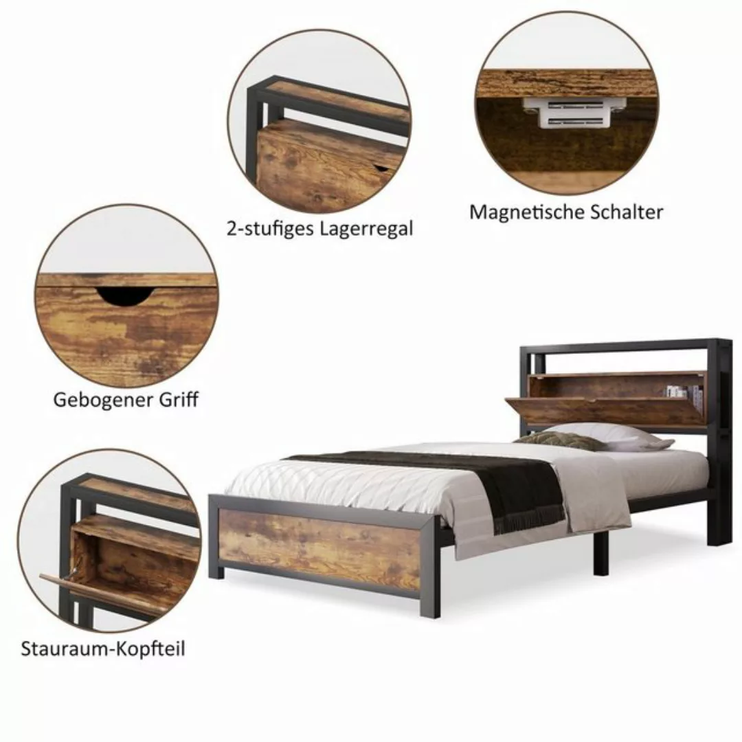 Flieks Metallbett, Einzelbett mit Stauraumfach 90x200cm Eisen Bettgestell günstig online kaufen