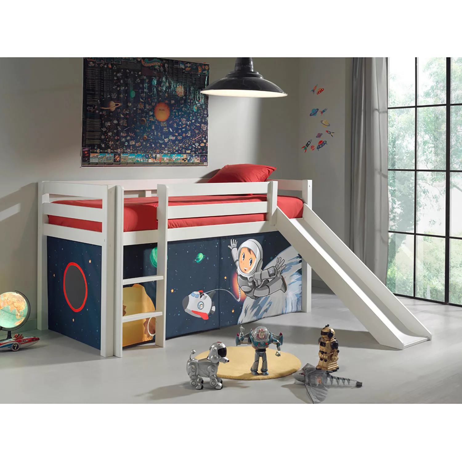 Spielbett Kinderzimmer mit Rutsche PINOO-12Textil Set Spaceman in Kiefer ma günstig online kaufen
