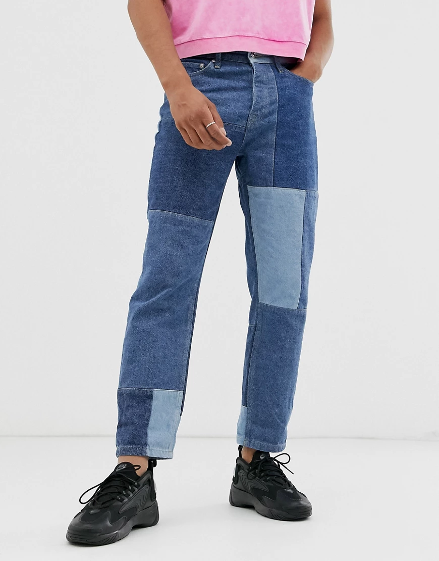 Topman – Jeans in Originalpassform mit Patchworkdesign in Blau günstig online kaufen