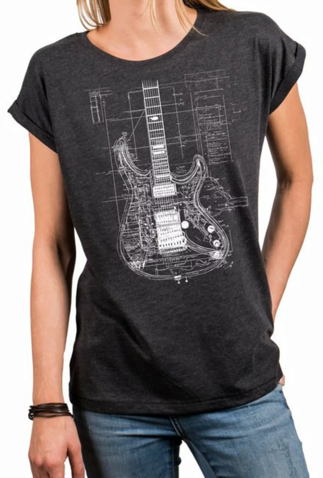 MAKAYA Print-Shirt Damen Gitarrenmotiv Gitarre Festival Outfit Rock Kurzarm günstig online kaufen