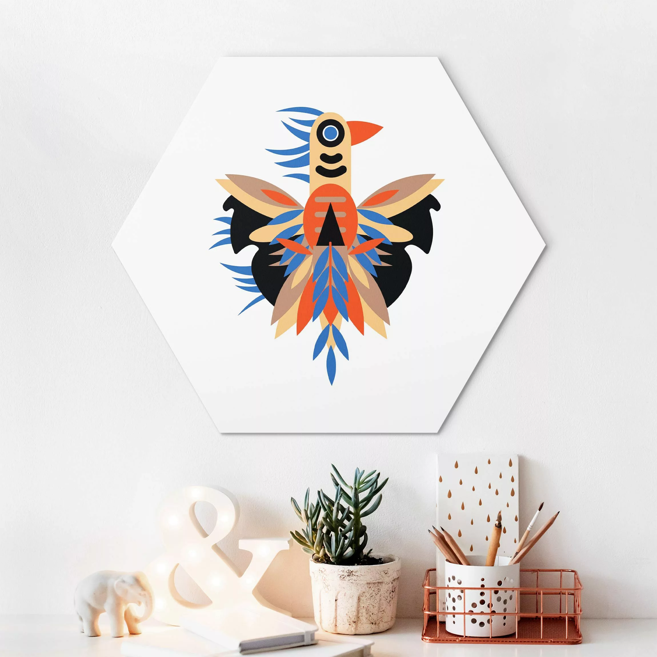 Hexagon-Alu-Dibond Bild Collage Ethno Monster - Federn günstig online kaufen