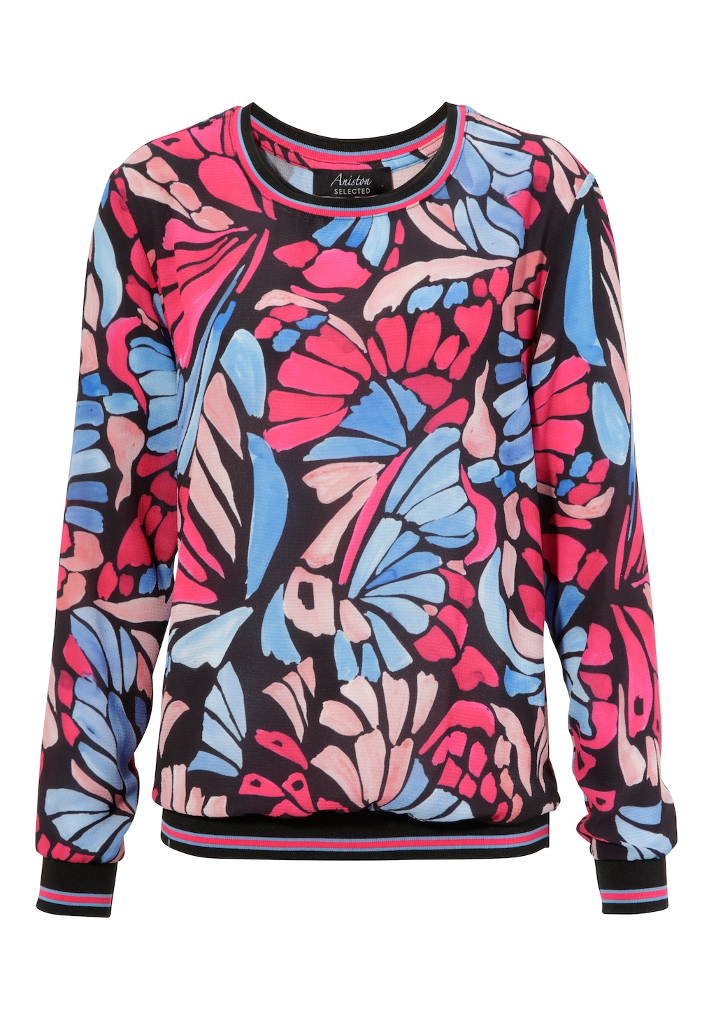 Aniston SELECTED Shirtbluse, mit farbenfrohem Druck und gestreiften Bündche günstig online kaufen